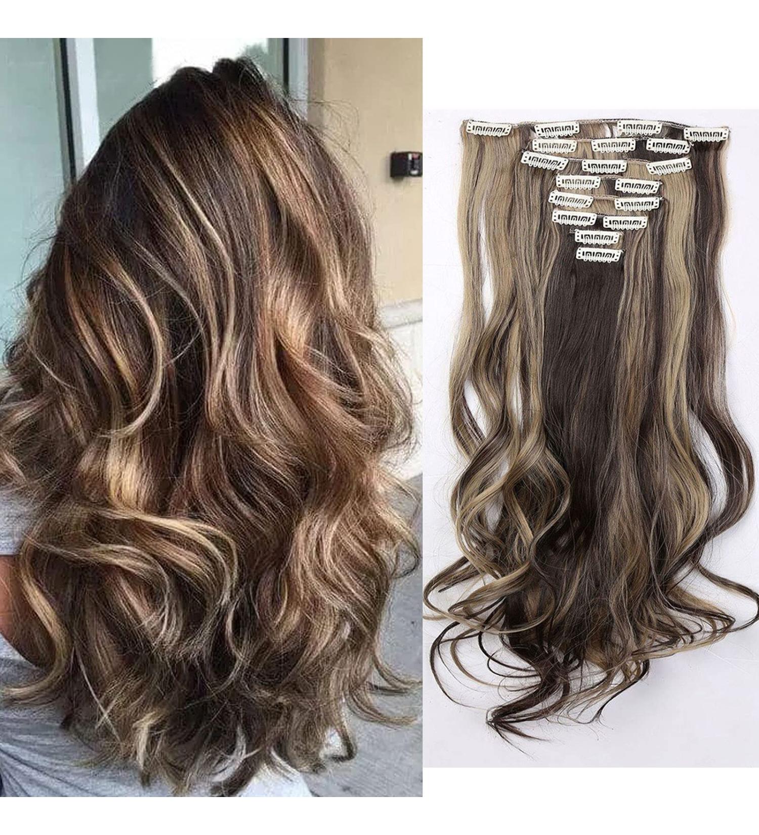 Clip-in Hair Extensions - 60cm Wavy Dark Brown & Ash Blonde | Synthetic Hair 8 Tressen 18 Clips for Full Head Coverage - Buy Online on GoSupps.com
