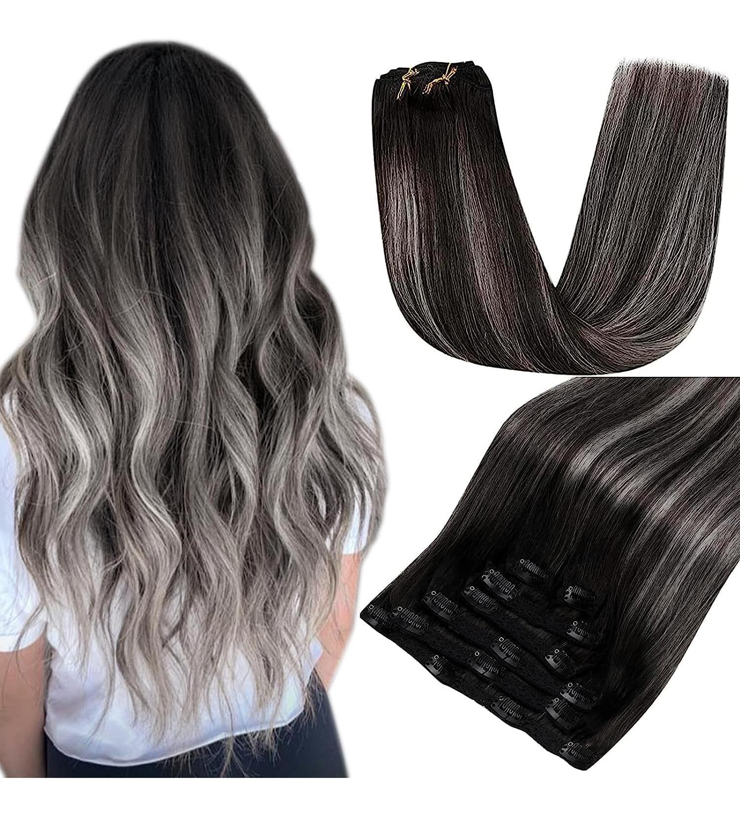 Runature Clip-in Hair Extensions - Real Black Ombre 55cm 120g Human Hair 7Pcs Set - #1B/Silver Premium Quality - Buy Online on GoSupps.com