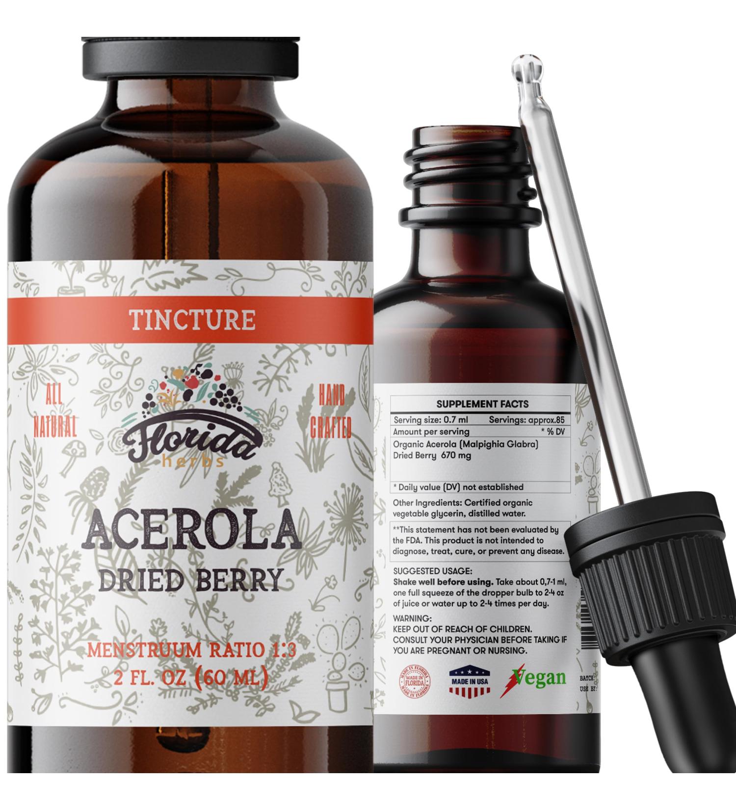 Acerola Tincture (Vitamin C) Organic Acerola Extract (Malpighia Glabra) Dried Berry for Blood Heart Arteries Non-GMO in Cold-Pressed Organic Vegetable Glycerin Florida Herbs Supplements 2 Fl Oz (Pack of 1) - Buy Online on GoSupps.com