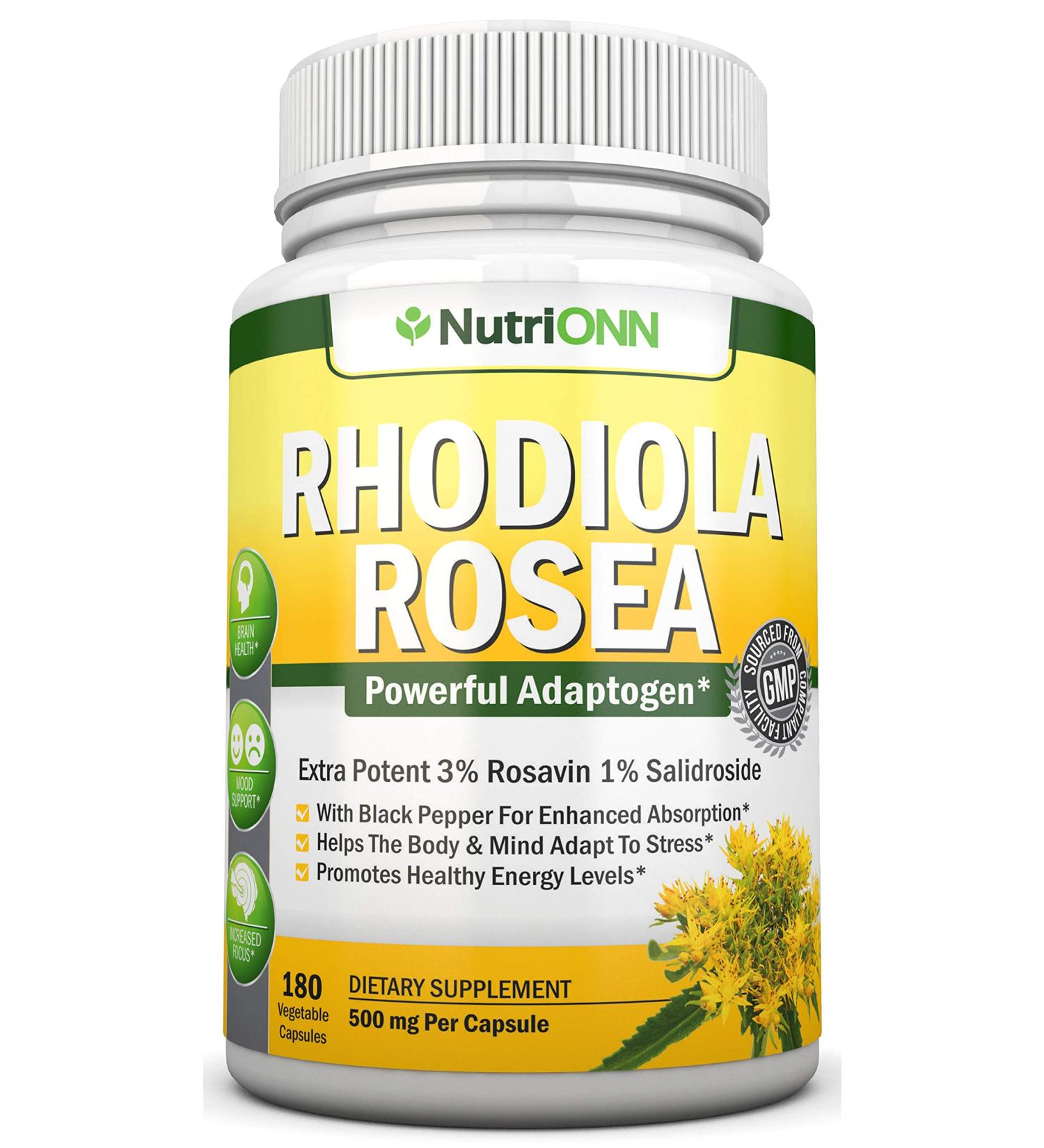 NutriONN Rhodiola Rosea - 500mg - 180 Vegan Capsules - 3% Rosavin 1% Salidroside Extract - Non-GMO - with Black Pepper for Enhanced Absorption - 6 Month Supply - Supplement for Energy & Stamina - Buy Online on GoSupps.com