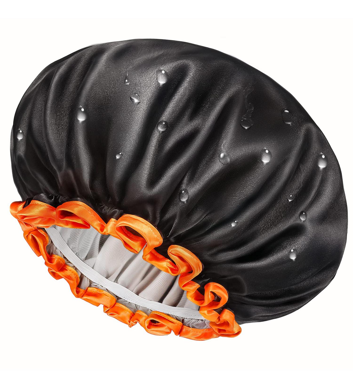 Mikimini Black Large Shower Cap for Women - Waterproof Bathing Hair Cap with Reusable PEVA Lining - Non-Fading & Stretchy Shower Hat - XL/1PC Black+Orange - Buy Online on GoSupps.com