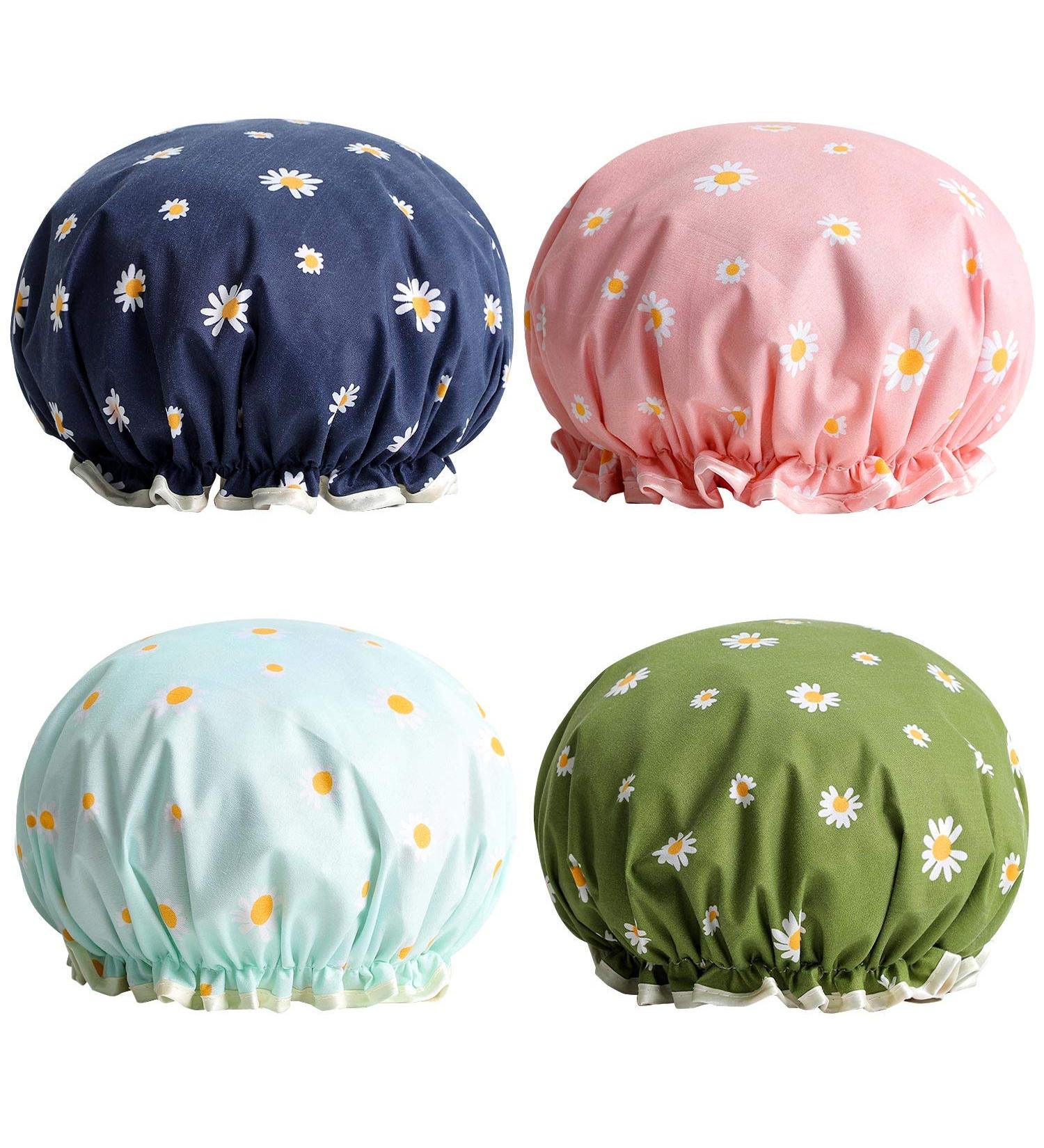 Women's Waterproof Double Layered Shower Caps 4 Pack - Blue, Pink, Green, Light Green - Buy Online on GoSupps.com