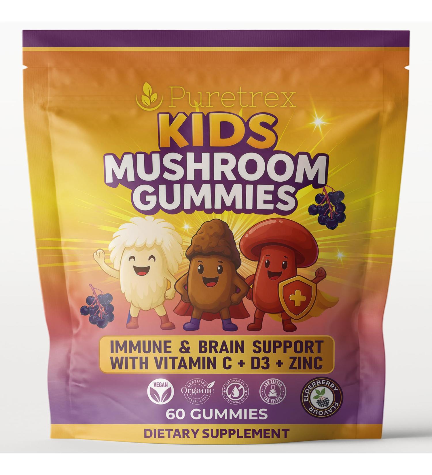 Kids Mushroom Gummies with Lion s Mane, Reishi, Chaga, Vitamin C, D3 & Zinc | Vegan Elderberry Flavor | Sugar-Free, Non-GMO, Natural Fruiting Body Extracts | 60 Gummies for Kids Ages 4+ - Buy Online on GoSupps.com