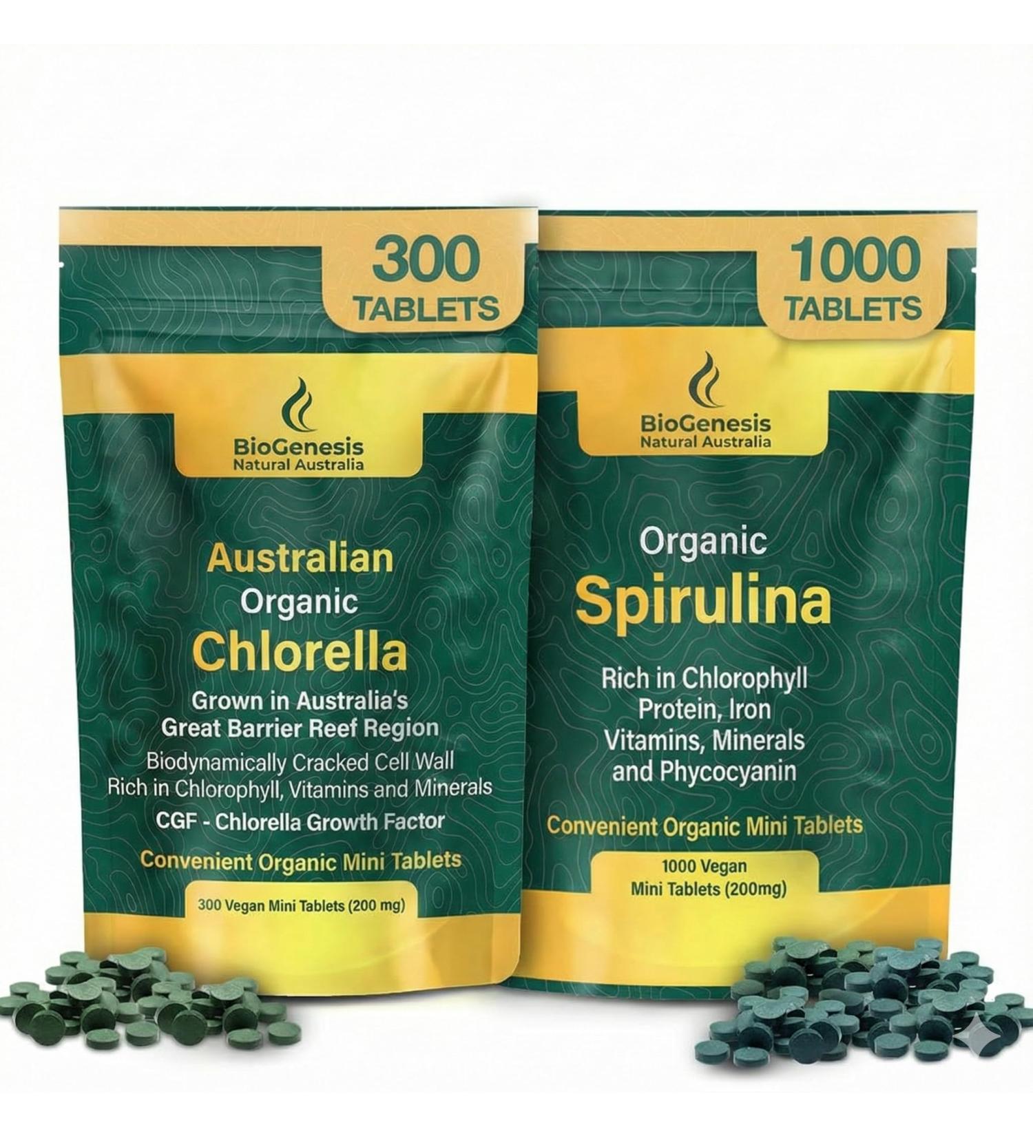Biogenesis Organic Spirulina 1000ct + Chlorella 300ct Bundle | Australian Grown Algae Mini Tablets | High Phycocyanin & Chlorophyll Superfood | Complete Nutrition for Energy & Vitality | Vegan - Buy Online on GoSupps.com