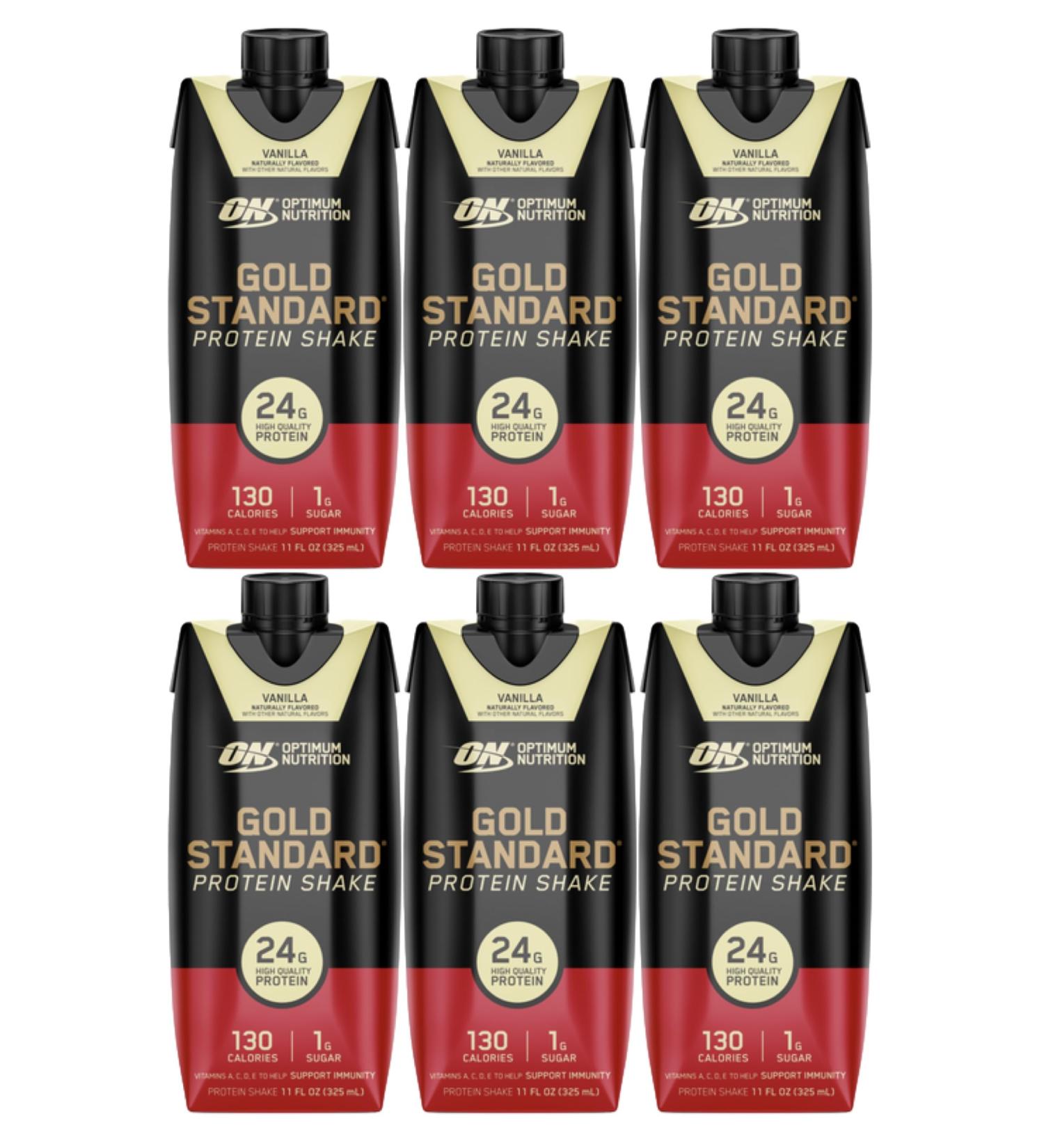 ON Gold Standard Ready To Drink Protein Shake | 24 Grams Protein 140 Calories 1 Gram Sugar | Gluten Free Protein Shake with Vitamin A C D E to Support Immunity | 355 mL Per Shake (Vanilla Pack of 6) Vanilla Pack of 6 - Buy Online on GoSupps.com