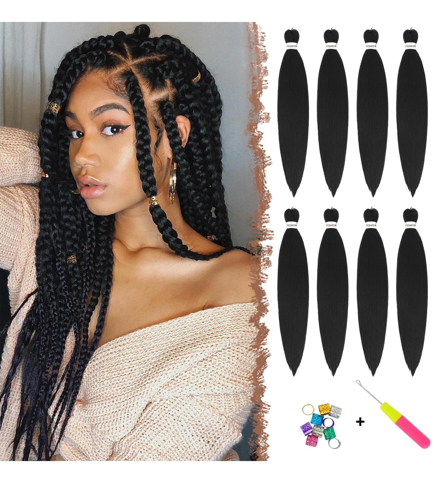 Feshfen Pre-Stretched Braiding Hair Extensions - 65cm Yaki Texture Synthetic Hair (8-Pack) - Black | Ideal for Easy Braiding - Buy Online on GoSupps.com