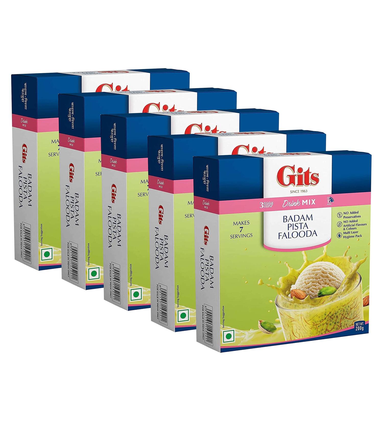 Gits Falooda Mix Badam Pista Drink Mix 200g - Delicious Beverage-Cum-Dessert with Vermicelli Sweet Basil & Crushed Almonds & Pistachios - Ready in 3 Easy Steps Makes 7 Servings (Pack of 5) - Buy Online on GoSupps.com