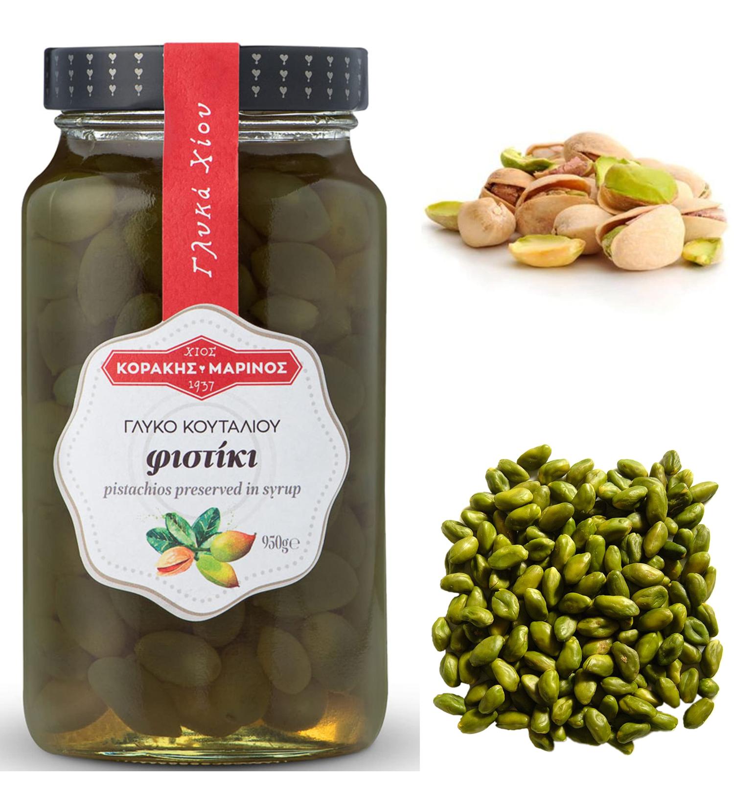 KORAKIS-MARINOS | Greek Sweet Fruit Preserve Pistachios in Syrup | Handmade Spoon Sweet Compote | Net Weight 950g Glass Jar - Buy Online on GoSupps.com