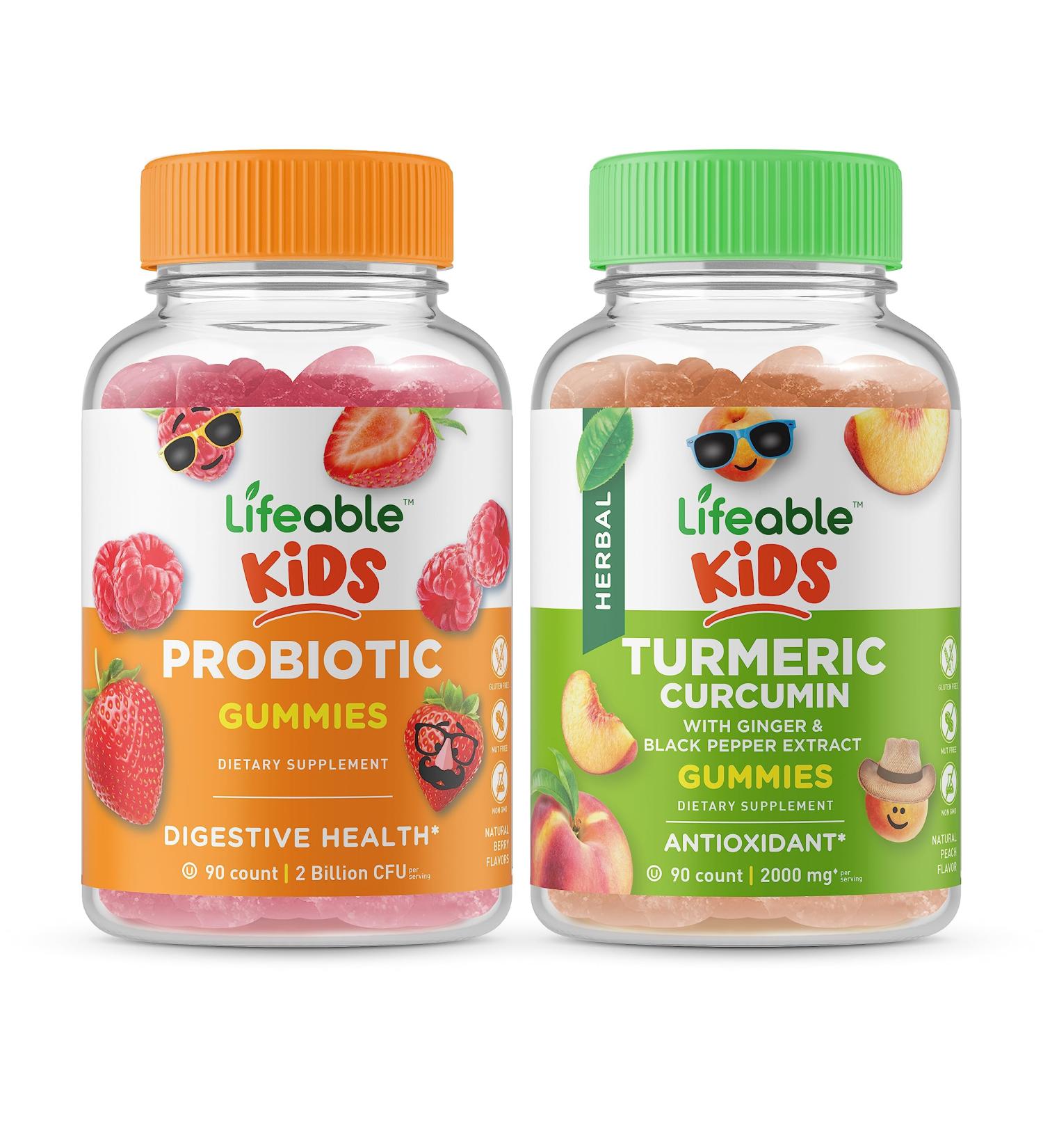 Lifeable Probiotic 2 Billion CFU Kids + Turmeric Curcumin Kids Gummies Bundle - Great Tasting Vitamin Supplement Gluten Free GMO Free Chewable Gummy - Buy Online on GoSupps.com