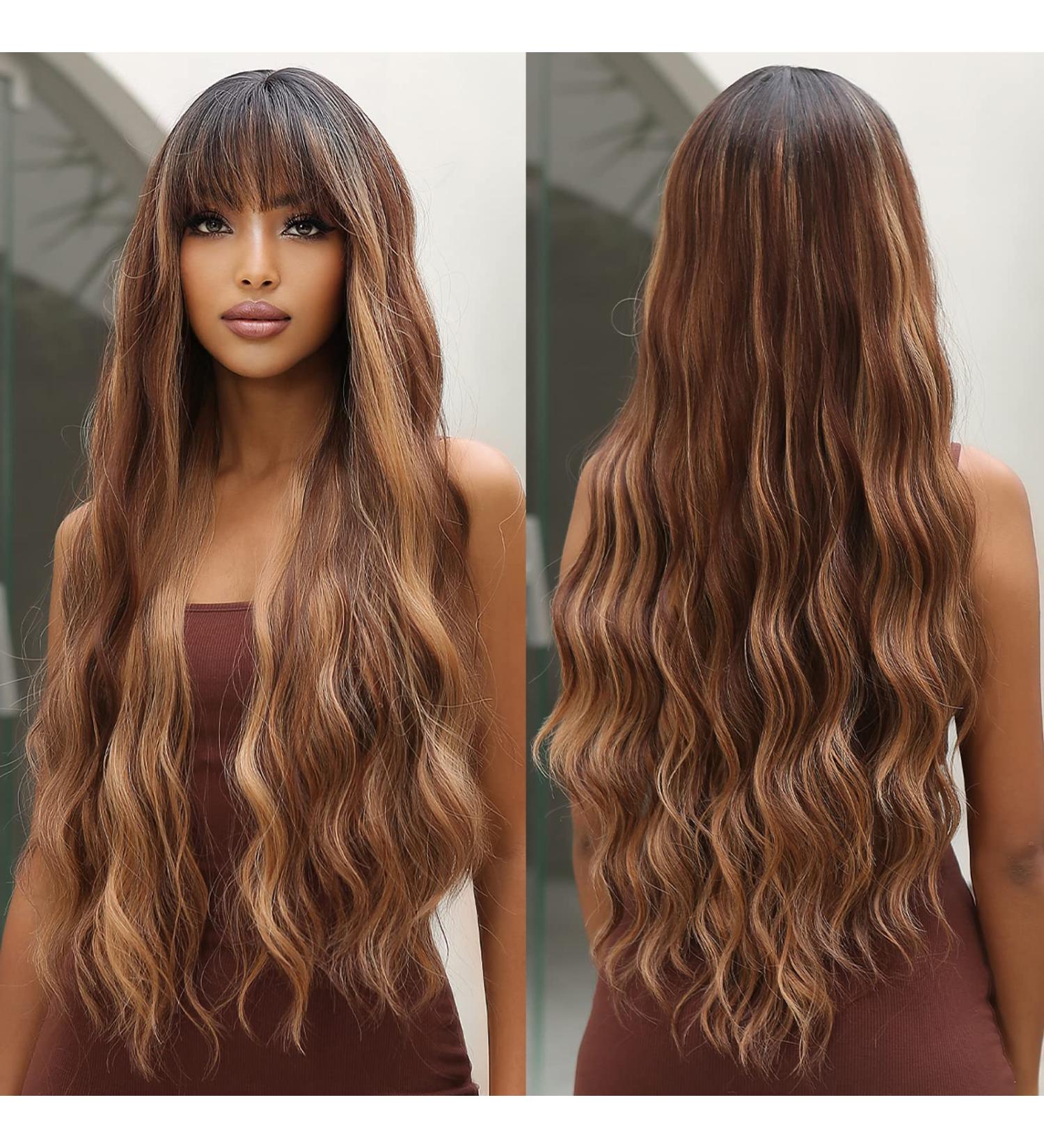 Allbell Long Wave Brown Highlight Wig with Bangs | Synthetic Hair Dark Roots Brown Mixed Blonde - Women's Wigs - Buy Online on GoSupps.com