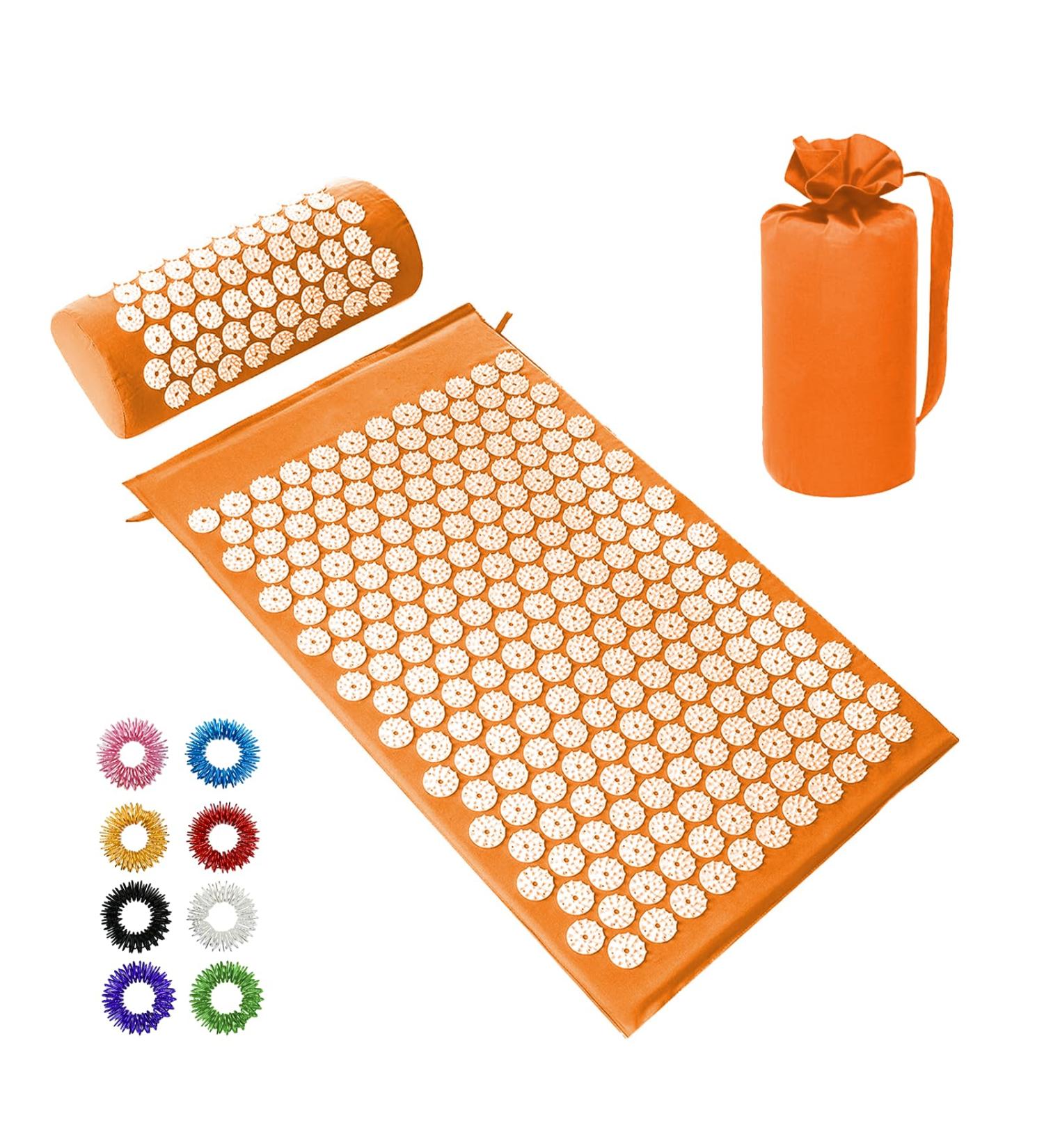 Acupress Tower Mat & Pillow Set - Acupressure Spike Yoga Mat for Massage Wellness Relaxation and Muscle Recovery - Includes Carrying Bag - Orange - Buy Online on GoSupps.com