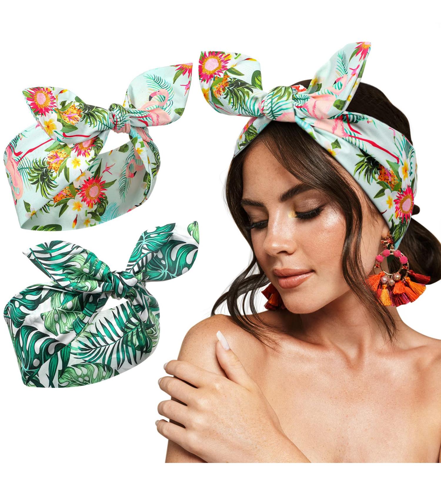 Ceenna Rabbit Ears Wire Headbands - 2 Piece Boho Twist Bow Headband Set | Hawaiian Print Knot Head Tie for Women and Girls | Soft Stretchy Beach Hair Accessories - Buy Online on GoSupps.com