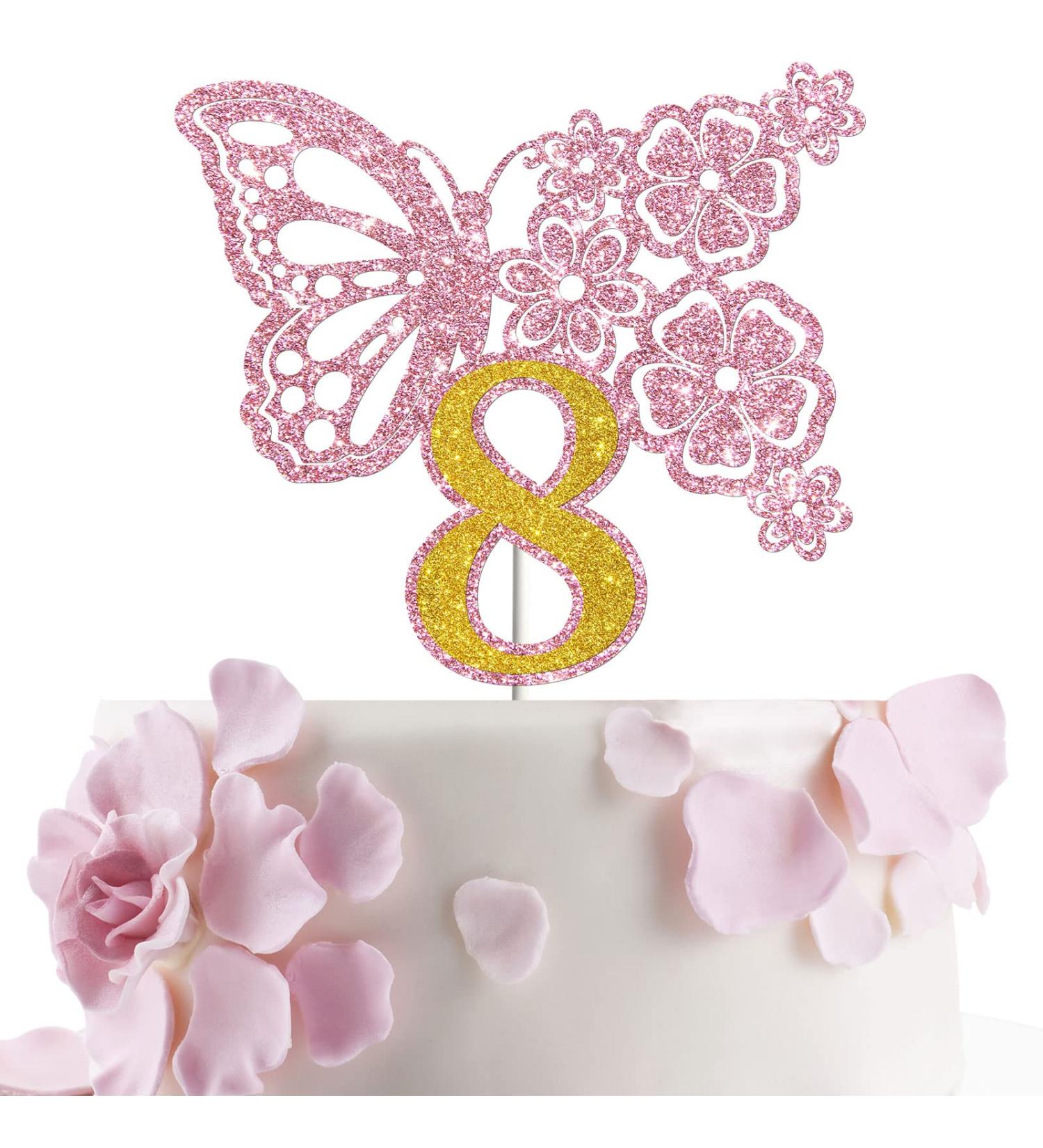 Tenhaisi Pink & Gold 3D Butterfly Flower Sign 8 Cake Topper - Happy 8th Birthday/Anniversary Party Decoration 3D Cake Topper- Girls 8th Birthday Party Supplies - Buy Online on GoSupps.com