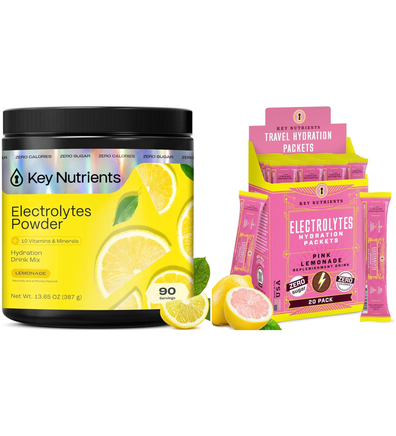 KEY NUTRIENTS Electrolytes Bundle Lemonade 90-Serving Powder + Pink Lemonade 20 Stick Packs | No Sugar Zero Calories Travel-Friendly Hydration Variety Pack | Made in USA - Buy Online on GoSupps.com