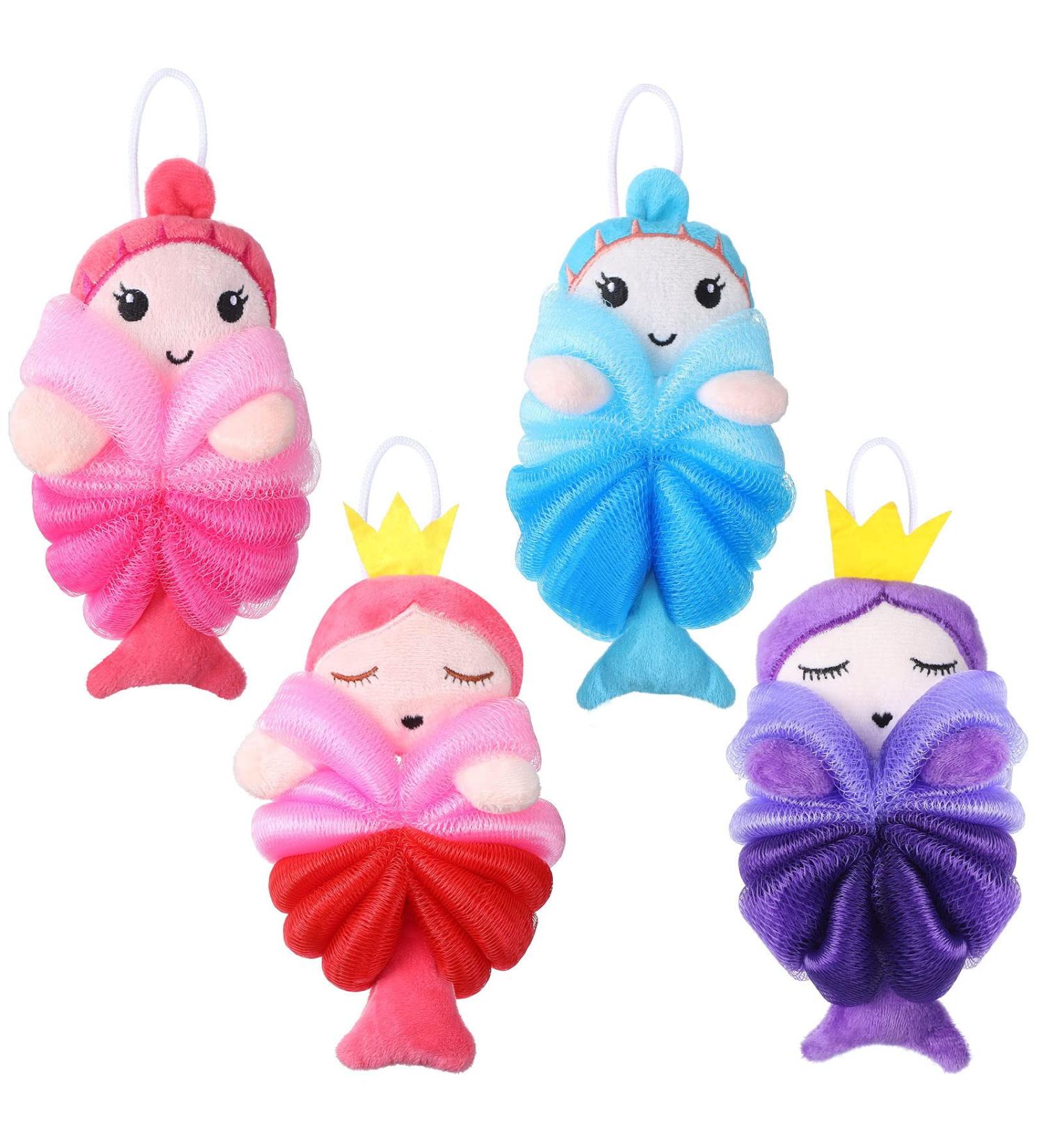 Mermaid Kids Loofah Set - 4 Cute Animal Bath Shower Sponges for Toddlers and Babies - Buy Online on GoSupps.com