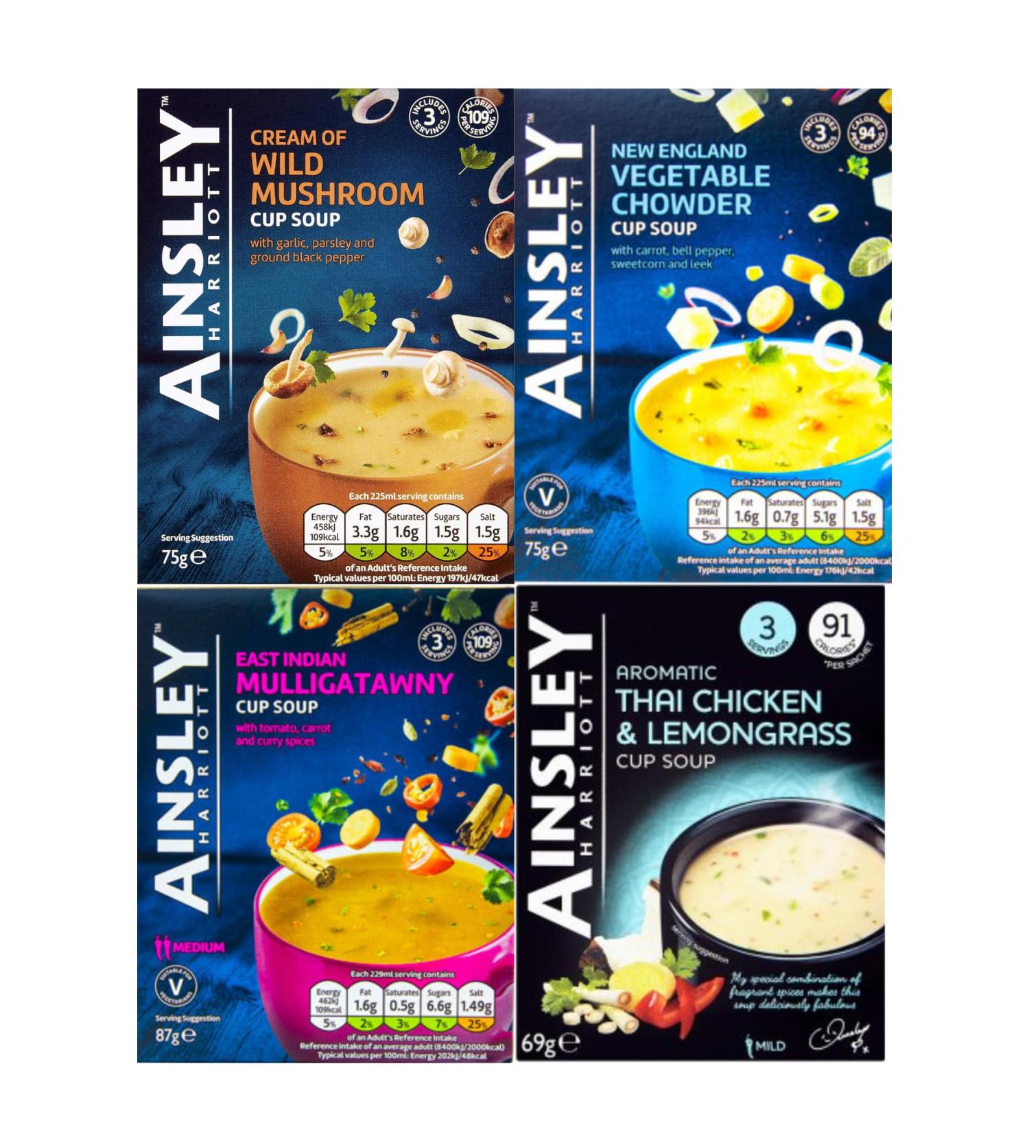 Ainsley Harriott Cup Soup 4 Box Multi Variety Pack 3 Sachets Each of Chicken & Lemongrass Mulligatawny Vegetable Chowder Wild Mushroom Instant Snack - Buy Online on GoSupps.com
