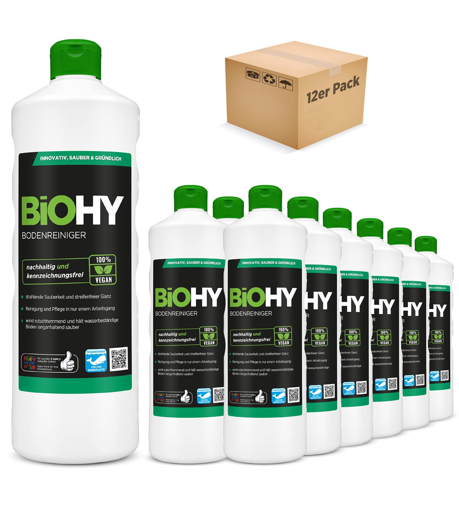 Biohy Floor Cleaner Concentrate | 12 x 1L | Streak-Free & Pleasant Smell | Ideal for Laminate PVC & Stone | Organic Cleaning Solution - Buy Online on GoSupps.com