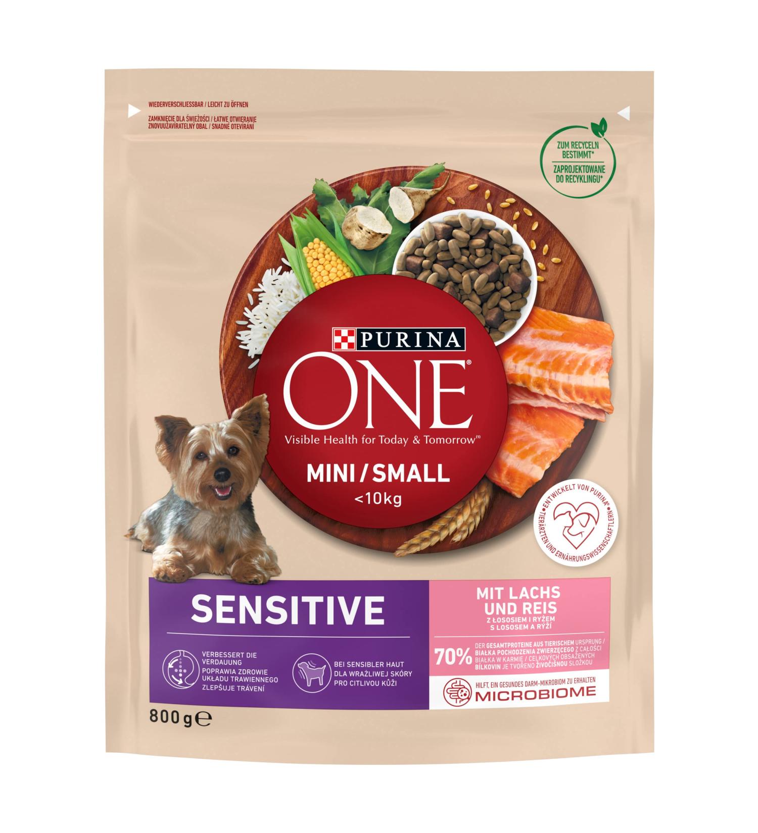 PURINA ONE Mini/Small Delicate Dry Food for Small Dogs Rich in Salmon and Rice 8 x 800 g Cans - Buy Online on GoSupps.com