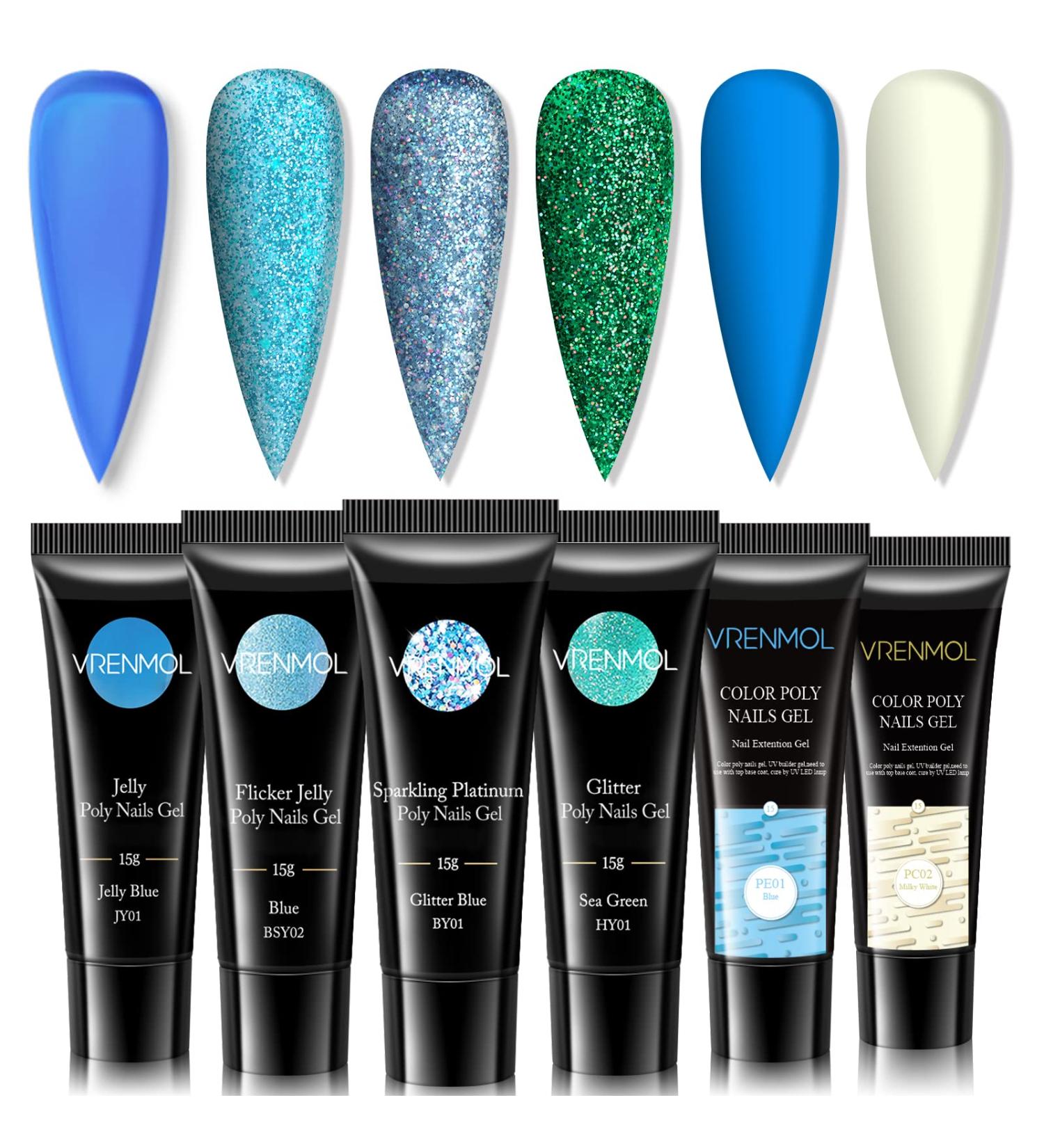 Vrenmol Poly Nail Gel Set - 6 Colors French Manicure Starter Kit for Professional Nails - Blue Green Glitter Enhancement Gel for Salon & Home DIY - Buy Online on GoSupps.com