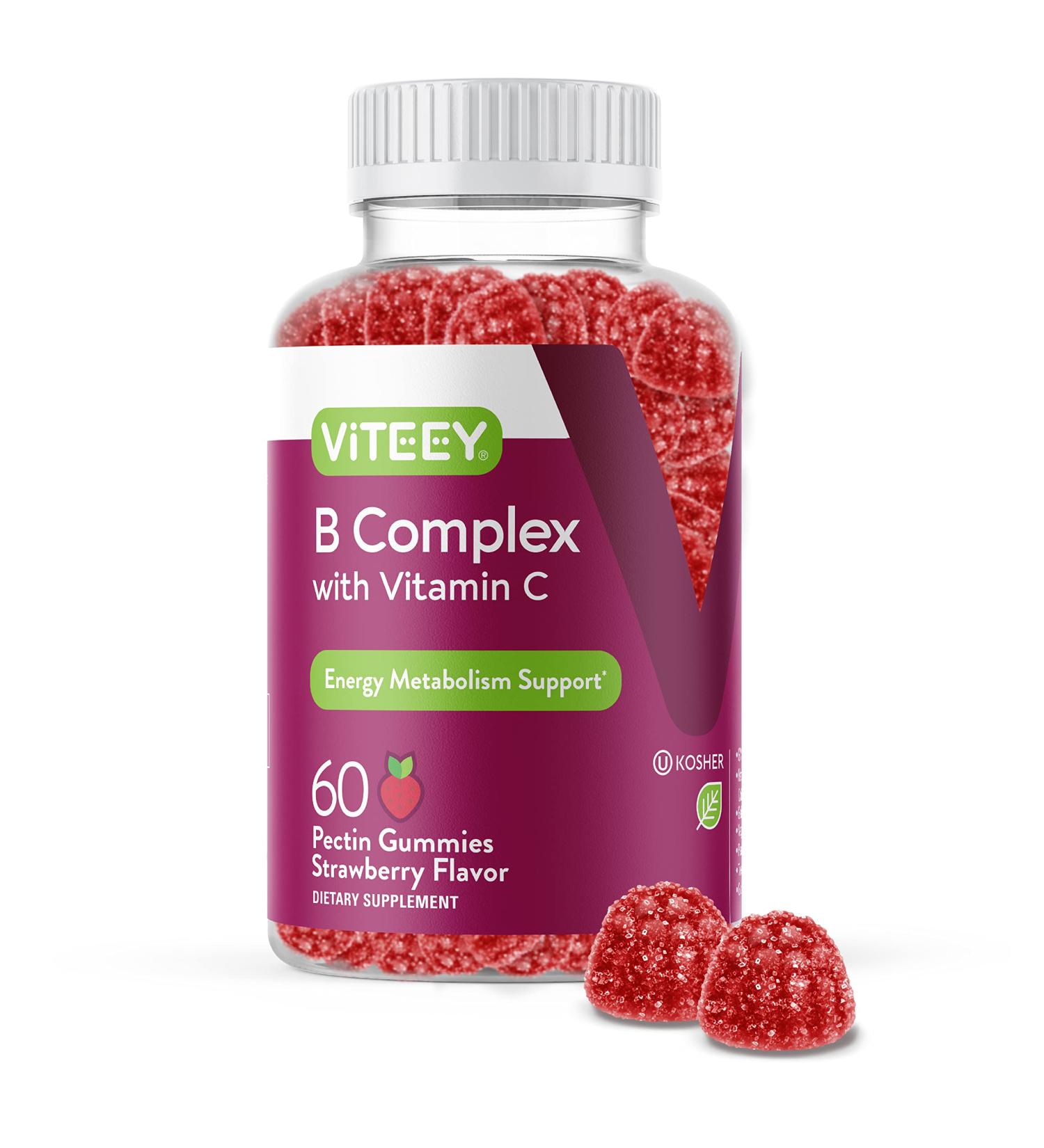 Vitamin B Complex Gummies with Vitamin C, B6, B12, Niacinamide, Folic Acid, Biotin, Calcium - 60 Strawberry Chewable Gummy Chews - Energy & Nerve System Support - Buy Online on GoSupps.com