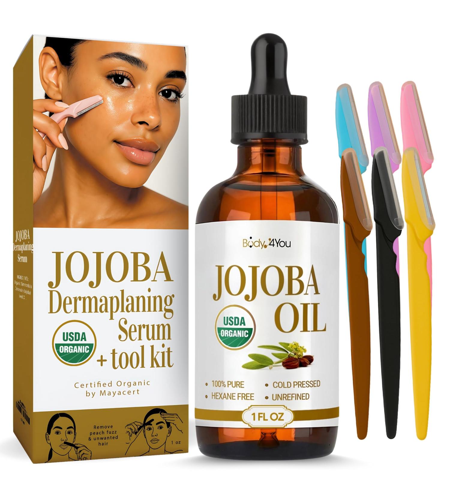 BodyJ4You Organic Jojoba Oil 6PC Dermaplane Razors for Women Face - USDA Organic 100% Pure Natural - Face Razor Eyebrow Hair Trimmer Men Facial Hair Shaver - Unrefined Cold Pressed Skin Care - 1 Fl Oz - Buy Online on GoSupps.com