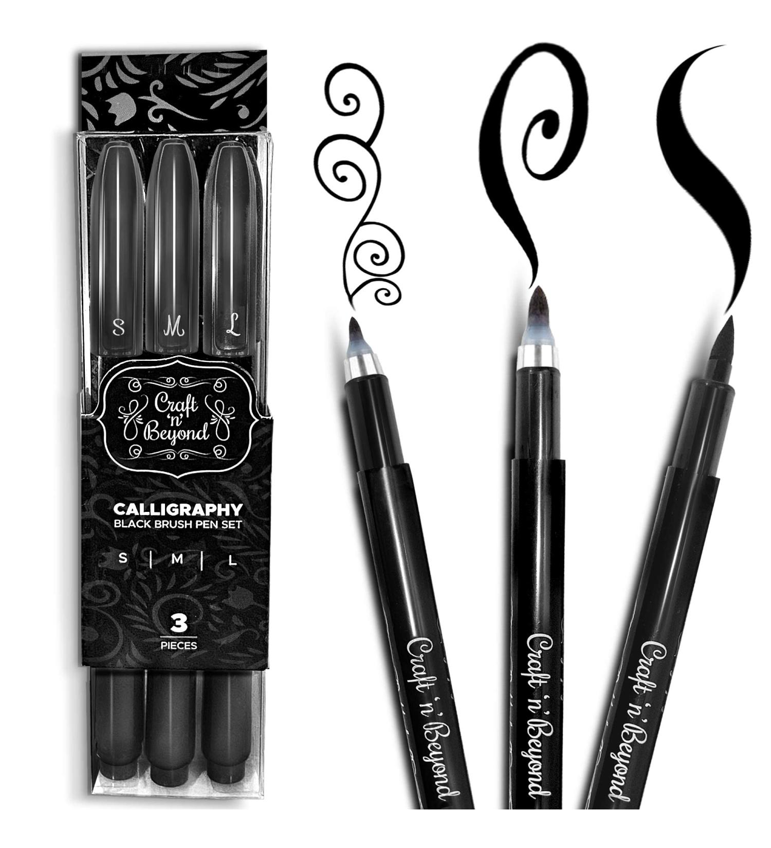 Craft 'n' Beyond Calligraphy Brush Pens Set - Pack of 3 Small, Medium, and Large Markers for Hand Lettering, Art Drawing, Sketching, Scrapbooking, Journaling - Beginner Kit with Fadeproof Black Ink - Buy Online on GoSupps.com