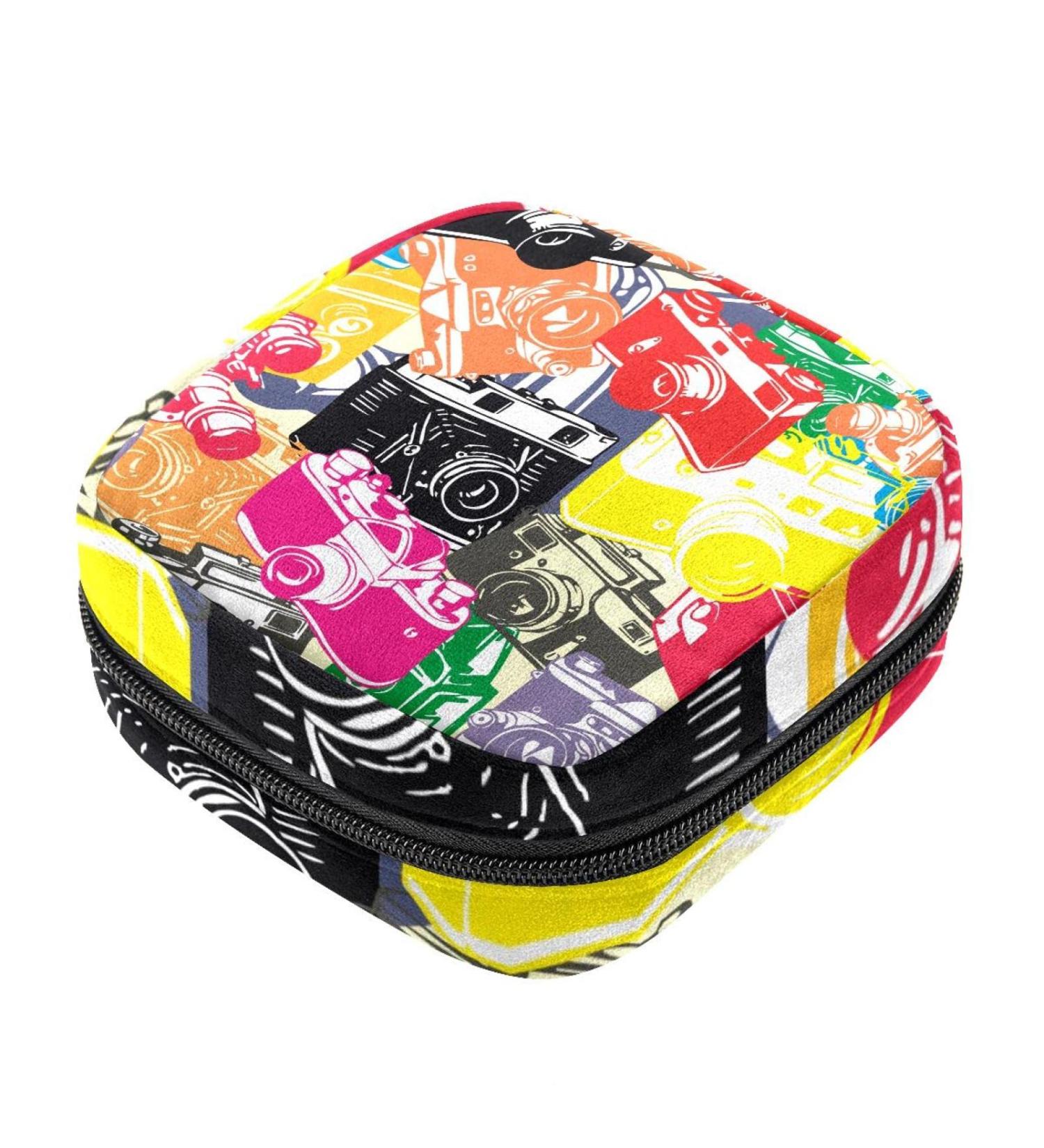 Sanitary Napkin Storage Bag & Menstrual Cup Organizer - Large Capacity Makeup Bag for Girls | Camera Pattern - Buy Online on GoSupps.com