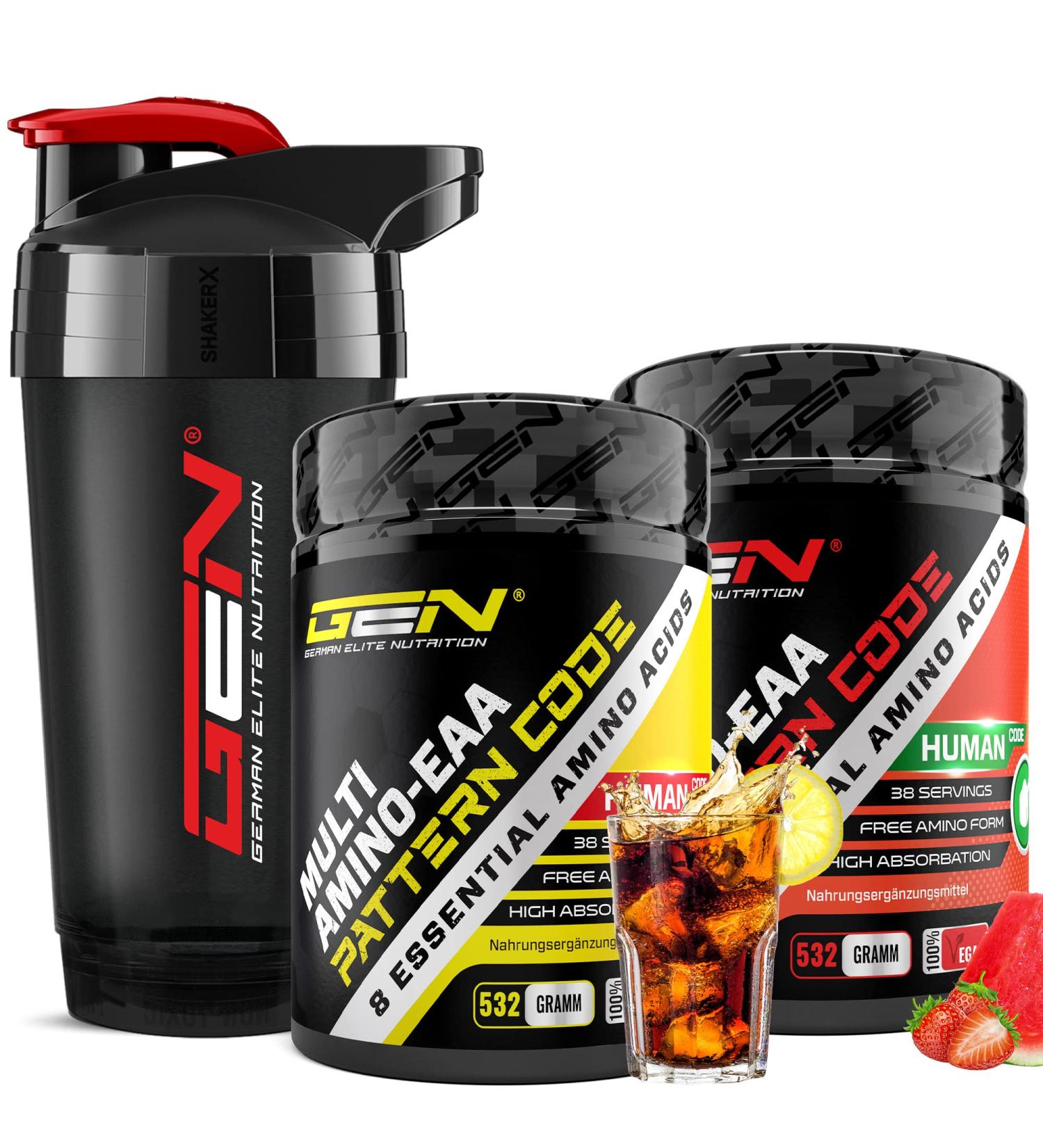 2x EAA Powder & Premium Shaker - Cola Citric & Strawberry Watermelon - Vegan Amino Workout Drink - Human Code Formula - All 8 Essential Amino Acids (532g) - Buy Online on GoSupps.com