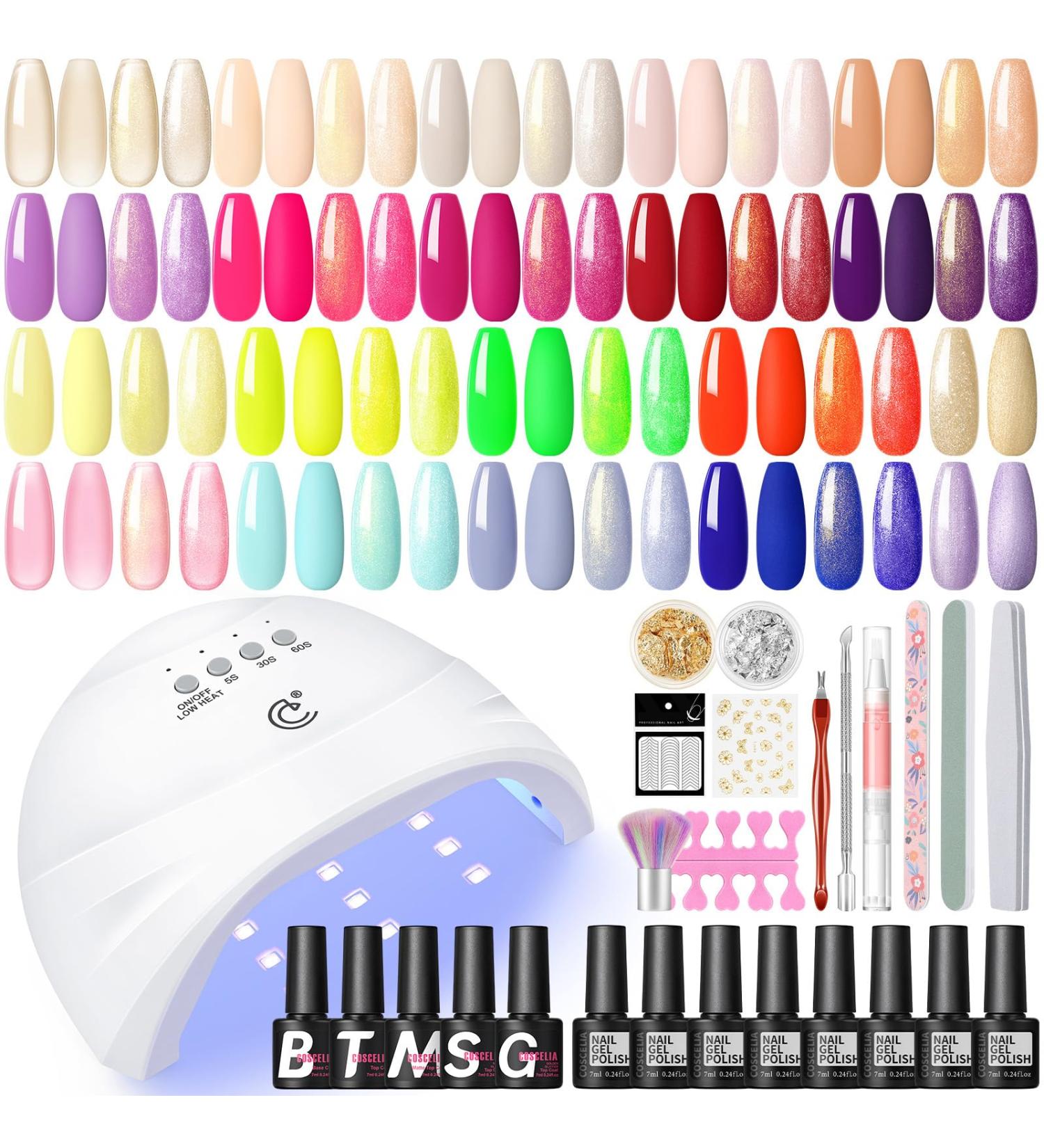 COSCELIA Gel Nail Polish Kit with U V Light Nude Pink Yellow Green Gel Nail Polish Set with Matte/Glossy/Silver/Golden Glitter Top Coat Base Coat Nail Art Foil Flakes Manicure Tools Gifts for Women 7107 - Buy Online on GoSupps.com