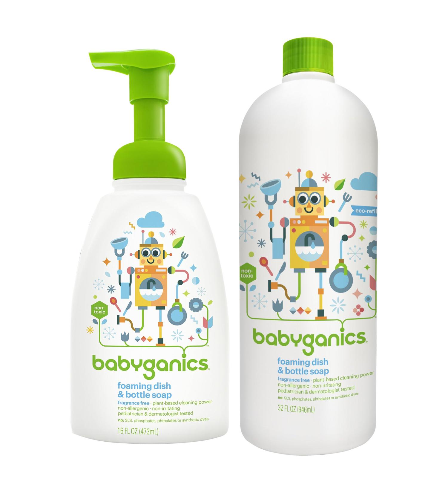 Babyganics 16 Ounce Dish Dazzler Foaming Dish and Bottle Soap with Refill Kit (Original Version)