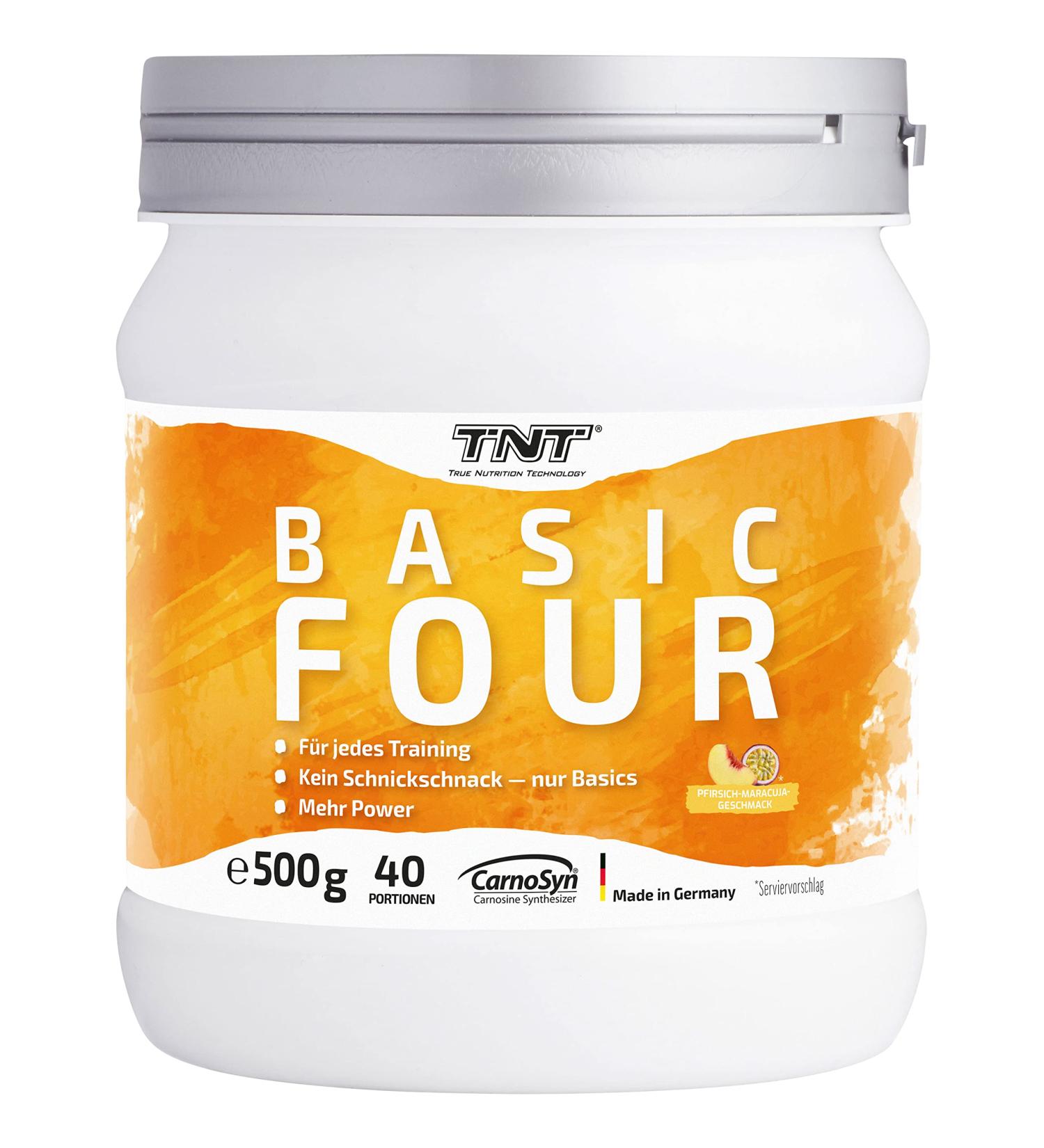 TNT Basic Four Peach-Maracuja Pre Workout Booster 500g | Creapure Creatine Monohydrate Tyrosine & Beta-Alanine for Optimal Performance - Buy Online on GoSupps.com