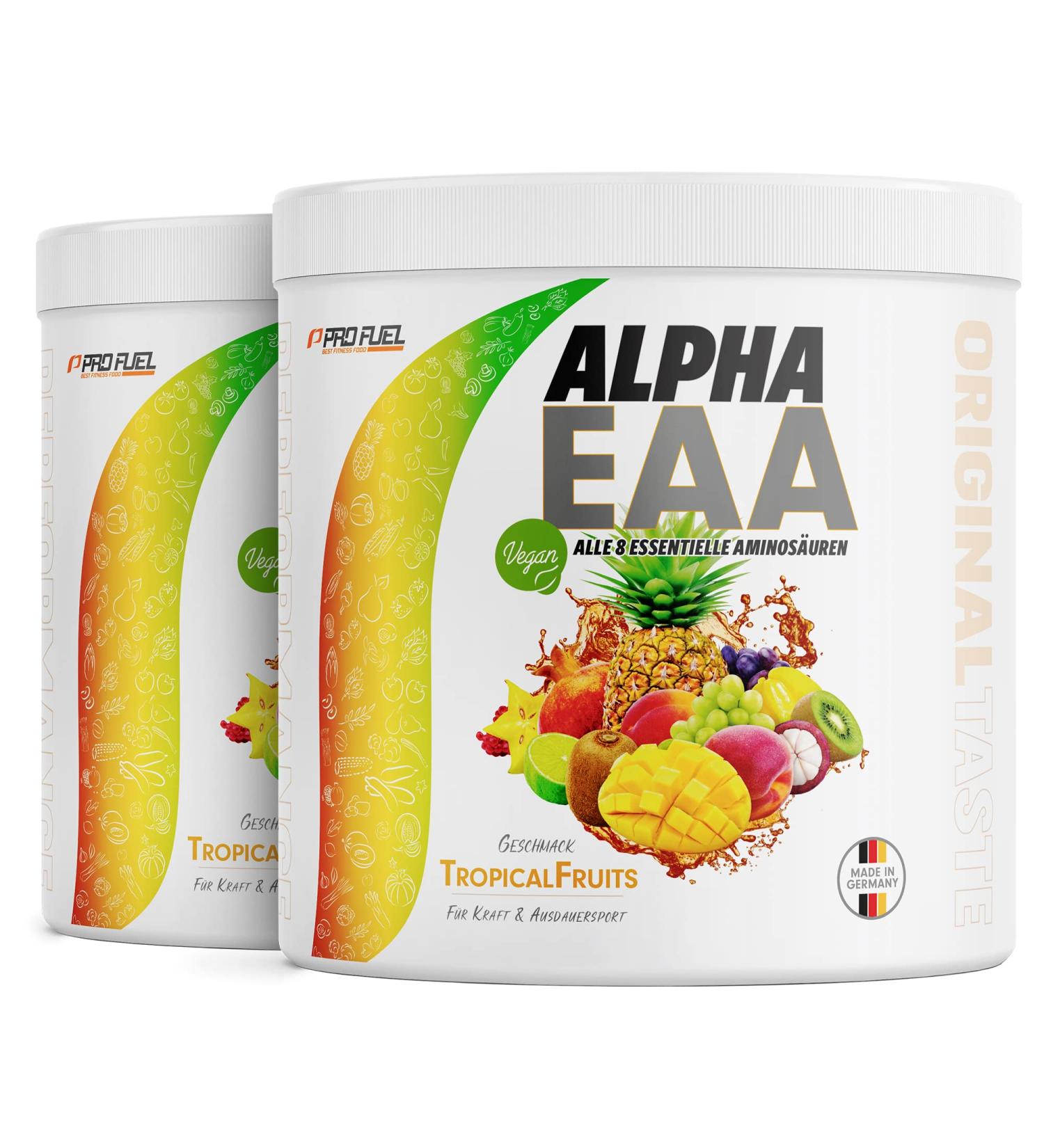 Buy Alpha EAA Powder 2x462g Tropical Fruits - Vegan Essential Amino Acids Delicious Workout Drink Optimal Value Made in Germany - Buy Online on GoSupps.com