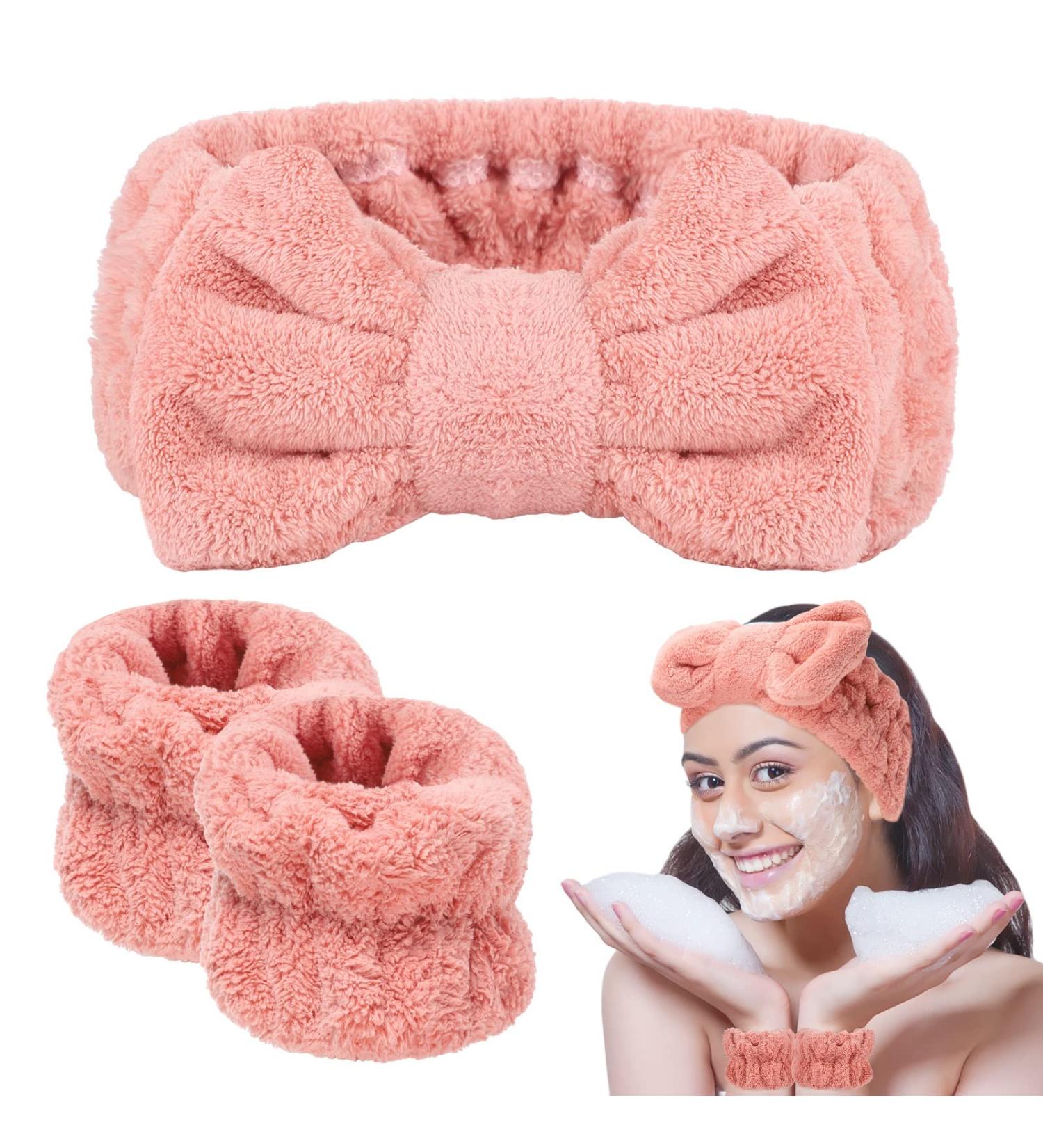BESARME 3-Piece Face Wash Headband and Wristband Set - Soft Spa Headband and Wrist Towels for Makeup and Skincare - Pink - Buy Online on GoSupps.com