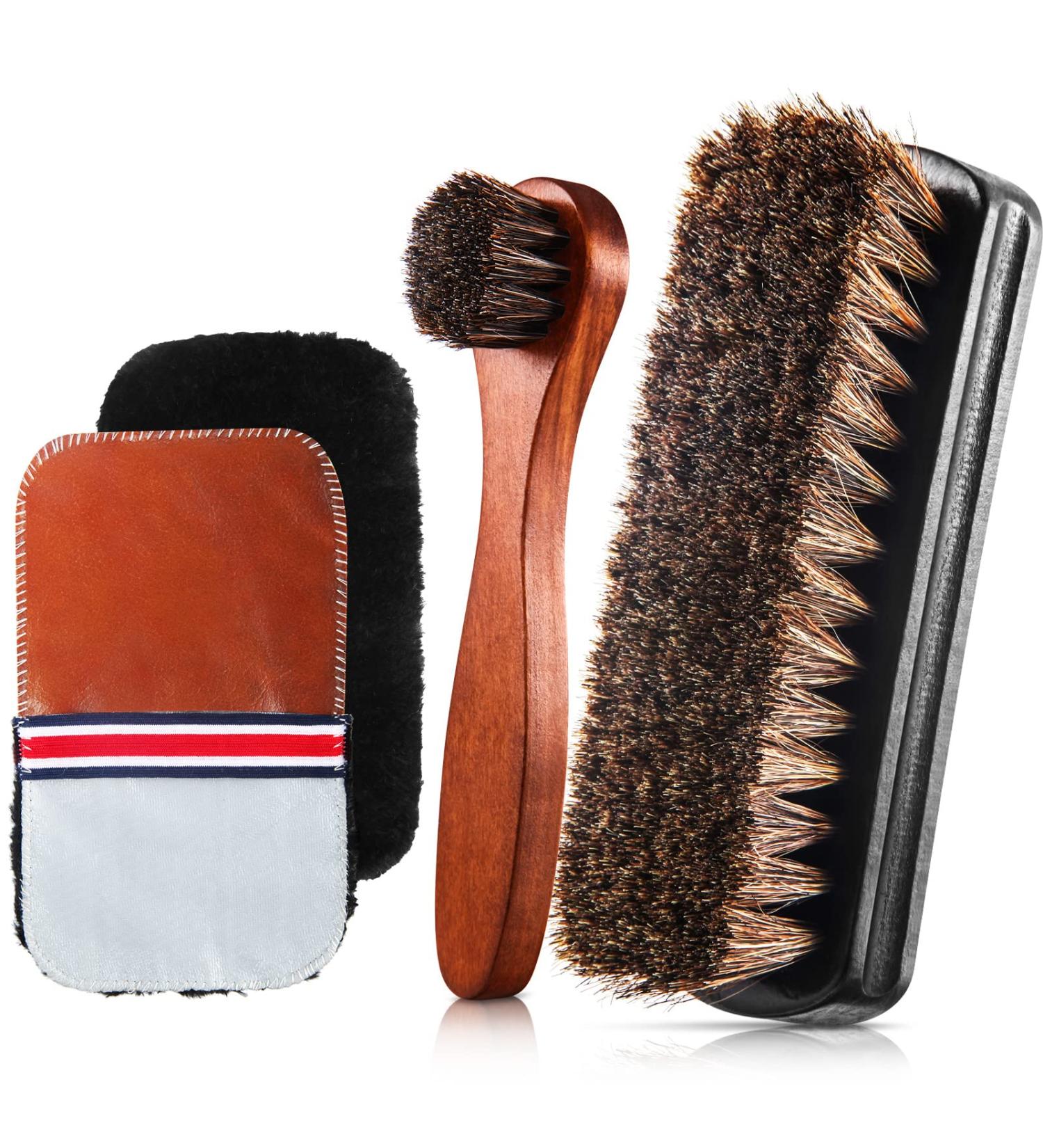 Horsehair Shoe Shine Brush Kit with Dauber Applicators - Leather Care Brushes and Suede Cleaner Set with Microfiber Gloves (4 Pcs Style D) - Buy Online on GoSupps.com