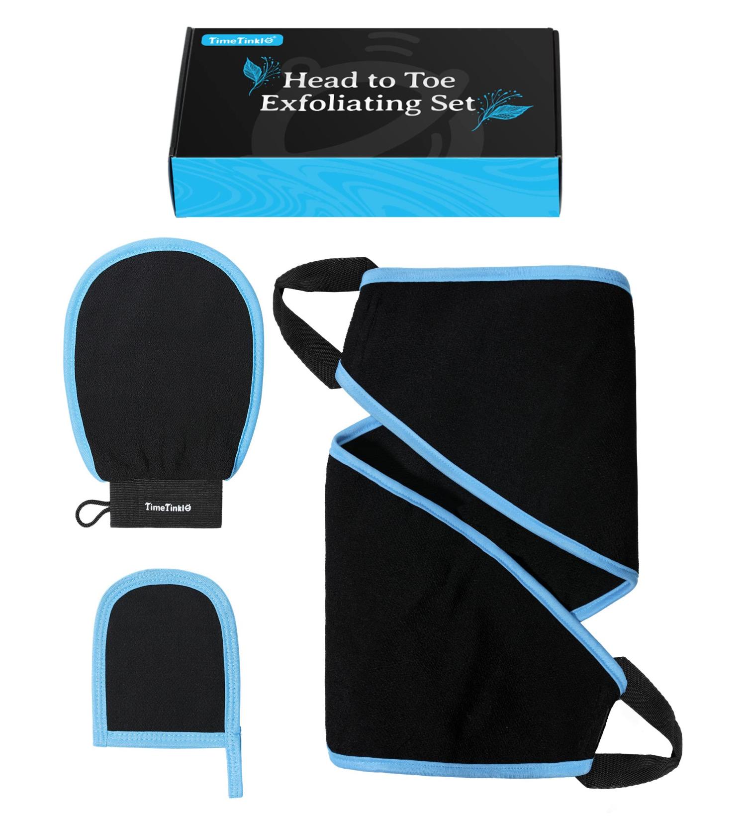 TimeTinkle Exfoliating Mitt & Set: Shower Gloves, Face Scrubber, Scalp Massager, Foot File - Dead Skin Remover - Buy Online on GoSupps.com