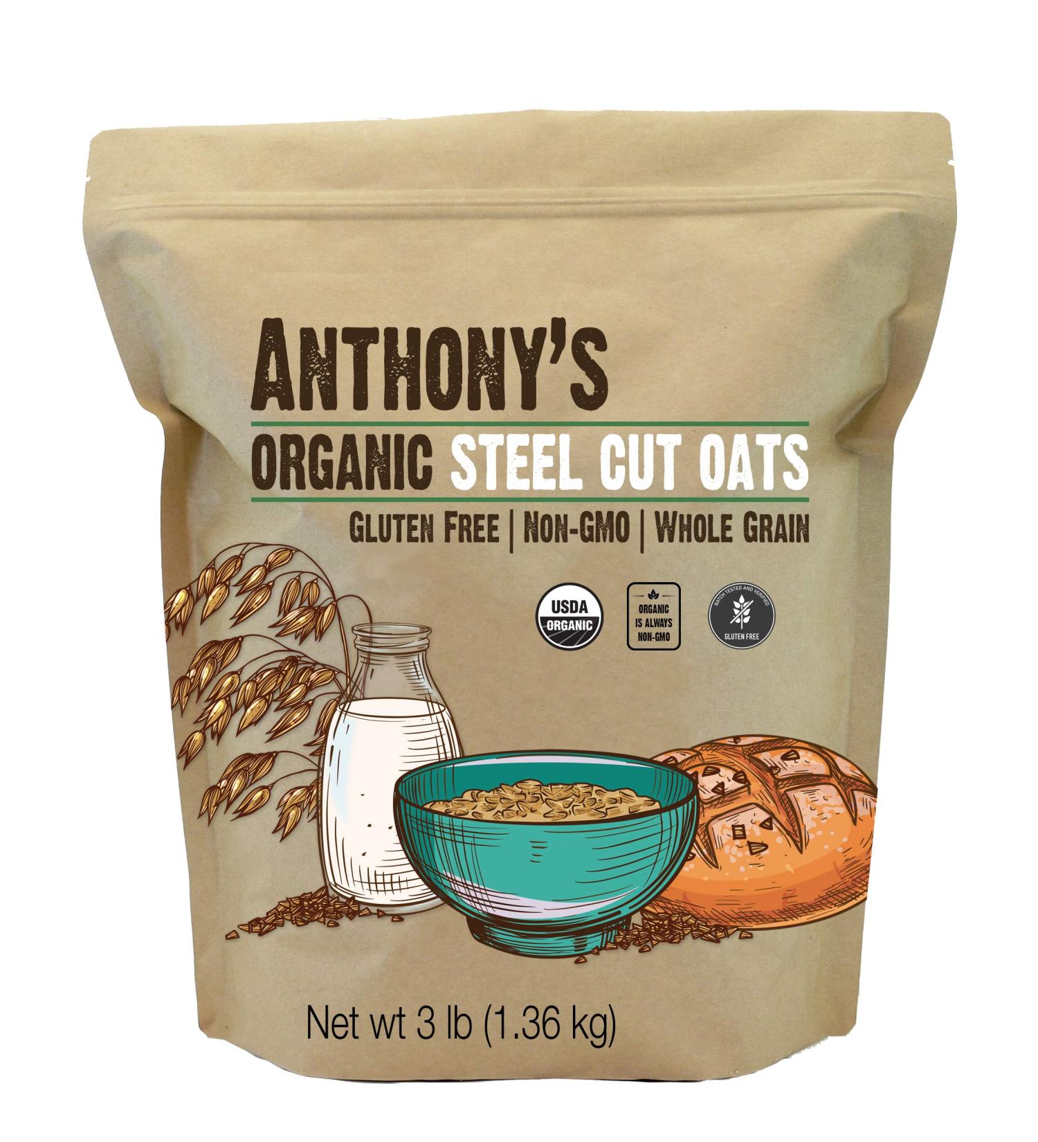 Anthony's Organic Steel Cut Oats 3 lb - Gluten Free, Non GMO, Irish Oatmeal, Whole Grain - Buy Online on GoSupps.com