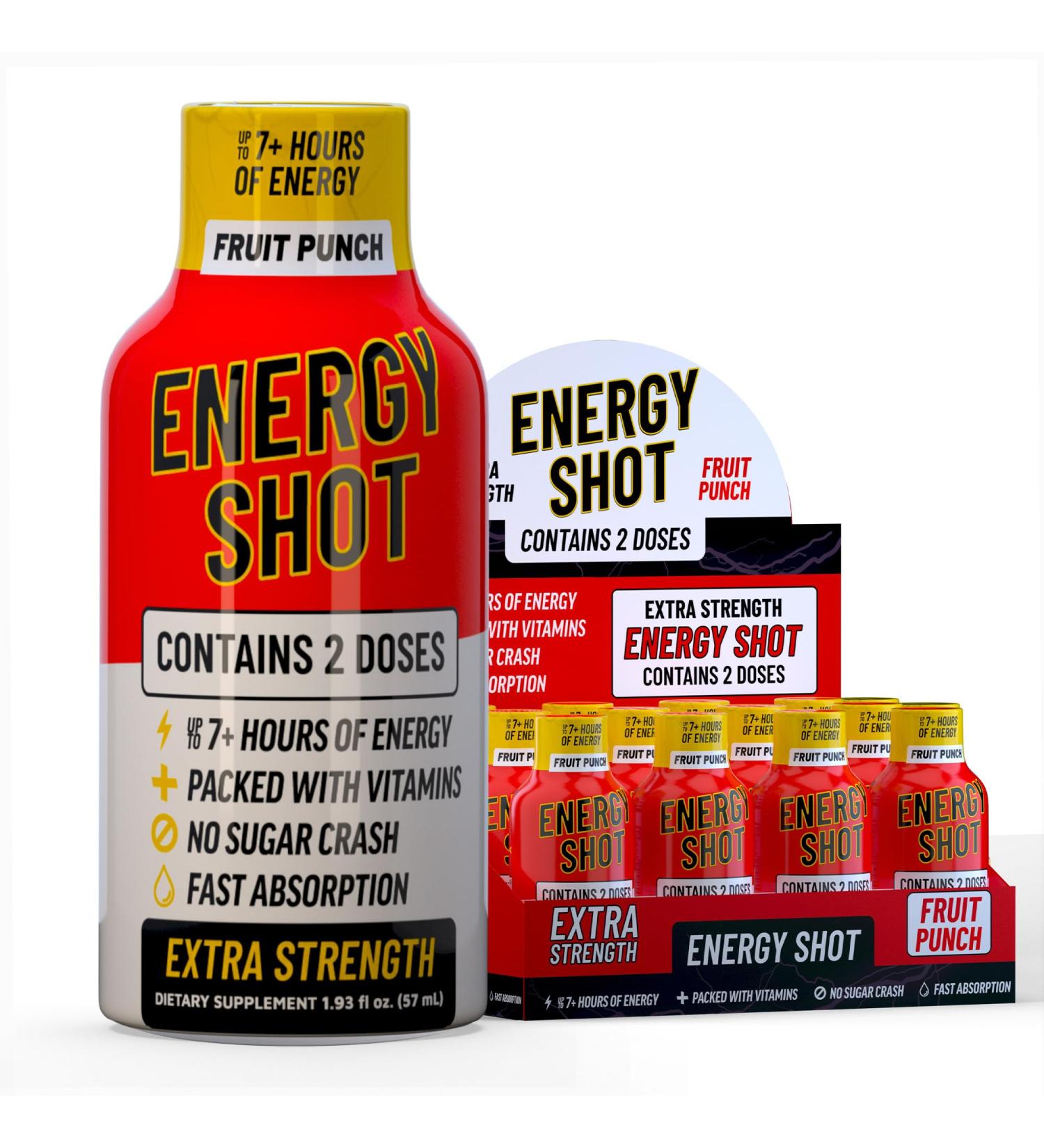 Fruit Punch Extra Strength Energy Shot 12 pk 260mg Natural Caffeine B12 B6 Energy & Focus Support 2 Servings Sugar Free Zero Calorie Green Tea B-Vitamins Electrolytes Vegan 1.93 fl oz - Buy Online on GoSupps.com