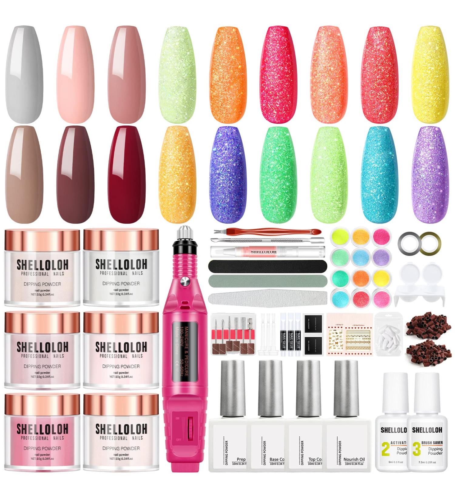 Dipping Powder Nail Kit Starter with Nail Drill - 6 Color Set with Glitter and Essential Liquid, Manicure Tools Gift for Women - Buy Online on GoSupps.com