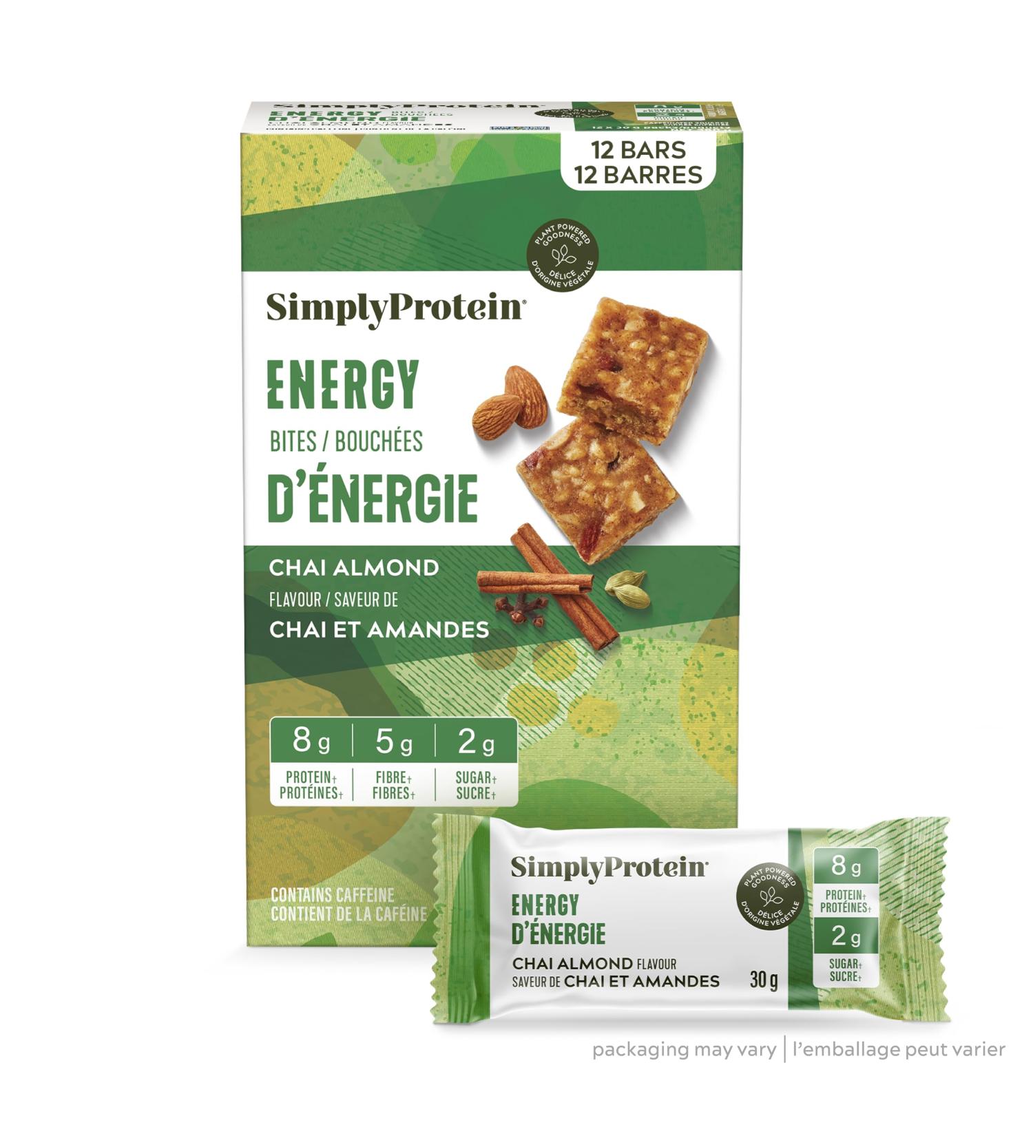 Simply Protein - Chai Almond Energy Bites 12 Bars - Plant Based Caffeinated Squares - 55mg Caffeine - Natural Energy Boost - 8g Protein 2g Sugar 5g Fibre 130 Calories - Vegan Gluten Free Non GMO Chai Almond 360 g (Pack of 1) - Buy Online on GoSupps.com
