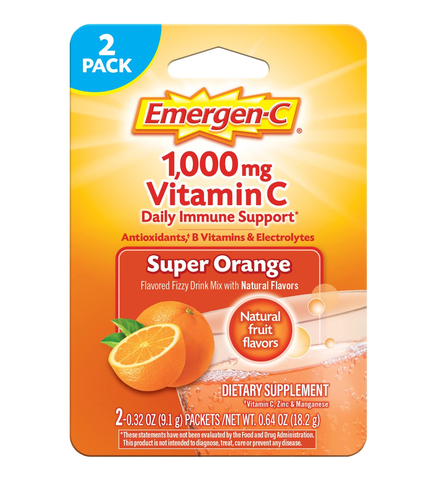 Emergen-C 1000mg Vitamin C Powder for Daily Immune Support Caffeine Free Vitamin C Supplements with Zinc and Manganese B Vitamins and Electrolytes Super Orange Flavor - 2 Count 0.64 Ounce (Pack of 1) - Buy Online on GoSupps.com