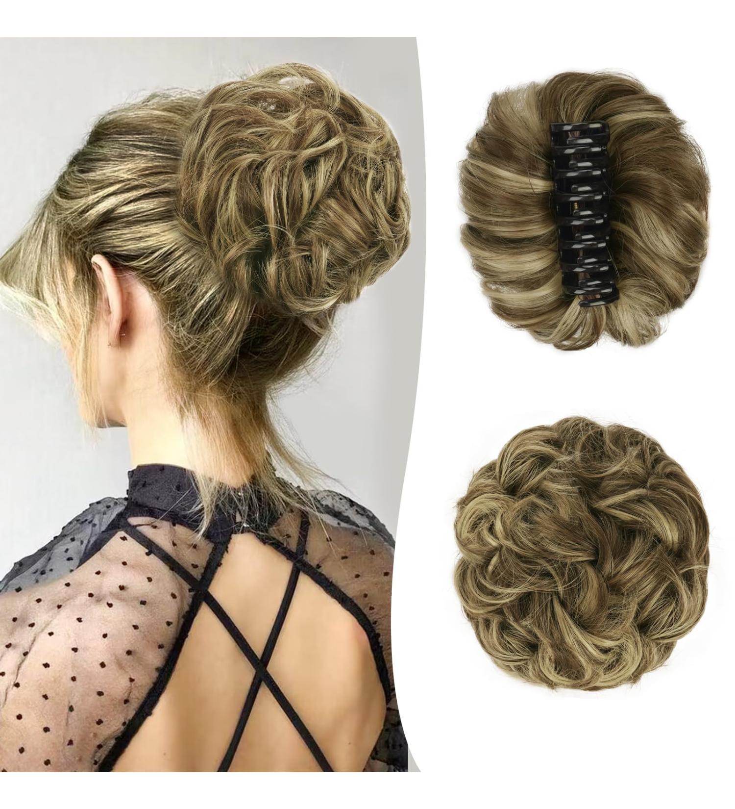 BARSDAR Claw Clip Messy Bun Hairpiece - Golden Brown with Blonde Highlights | Curly Synthetic Hair Extension for Women - Buy Online on GoSupps.com