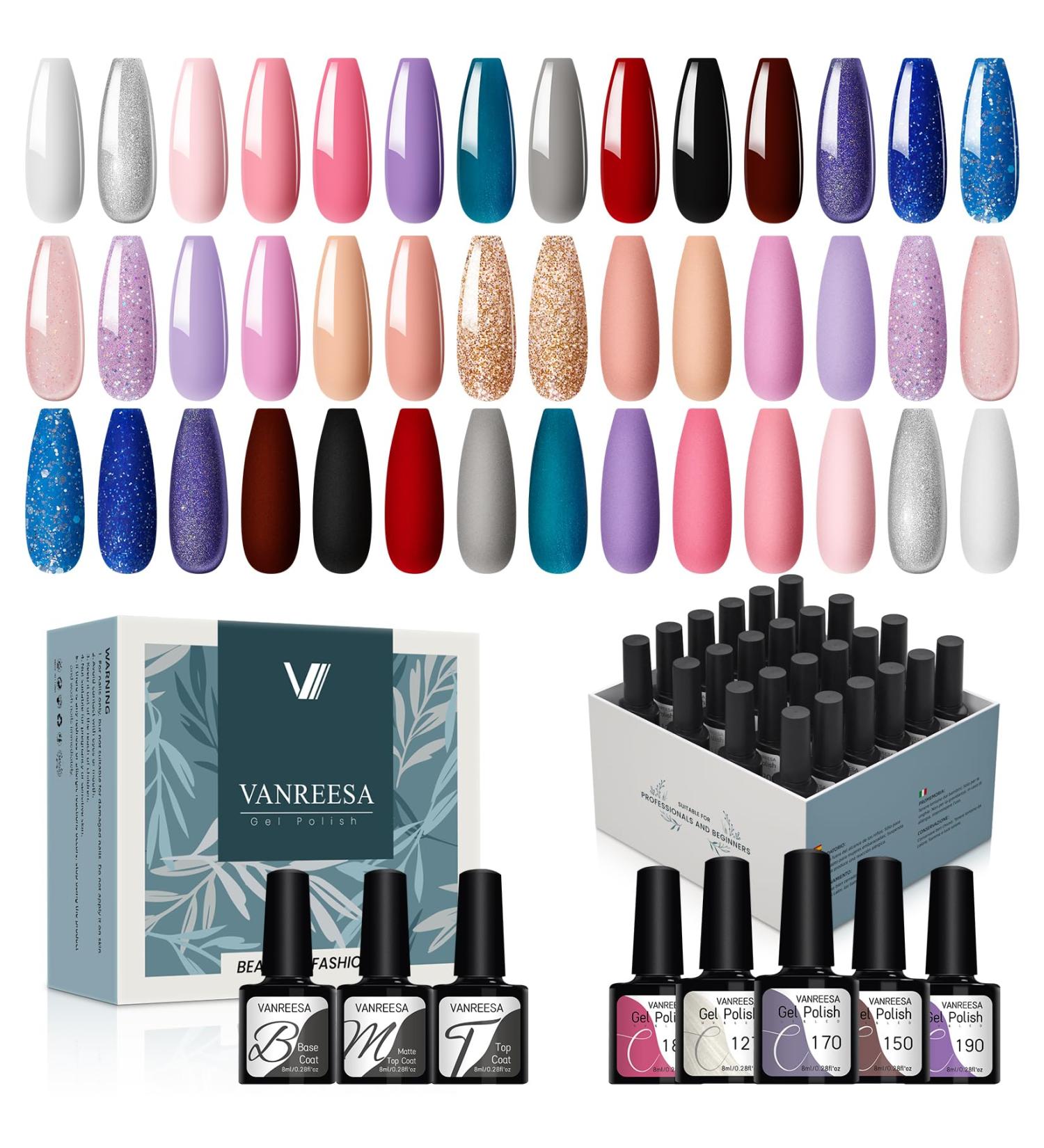 VANREESA 24 PCS Gel Nail Polish Pink Nude Purple Blue Gel Nail Polish Set Spring Summer Gel Polish Kit Soak Off U V Gel Nail Polish Set with Base Top Coat Nail Art Set Gifts for Women Brilliant Starry Sky - Buy Online on GoSupps.com