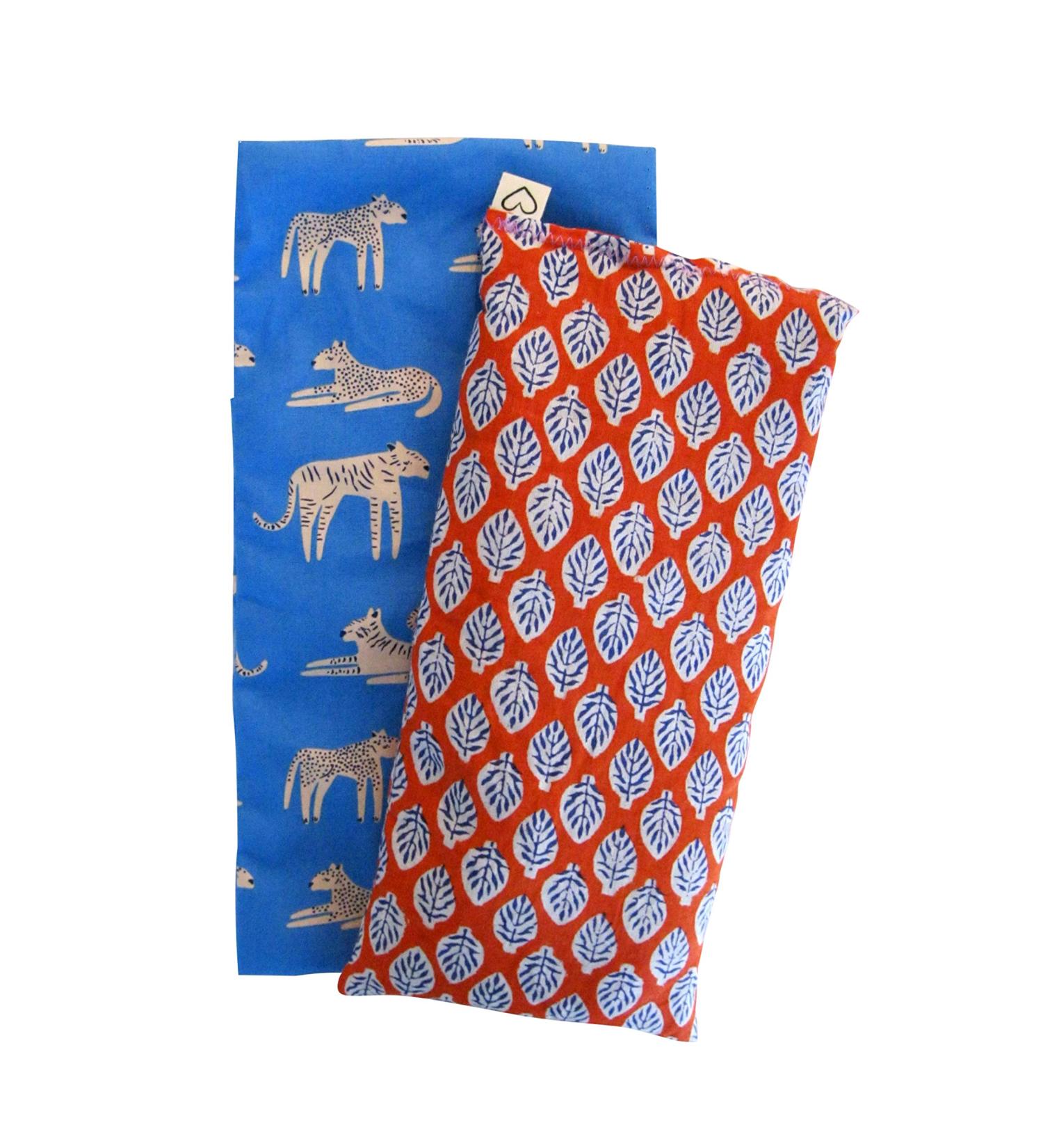Scented Lavender Flax Eye Pillow Gift Set with Washable Cover - Weighted for Soothing Relaxation - Yoga, Sleep, Massage - 4 x 8.5 Cotton Block Print - Leaf Orange Blue Design - Buy Online on GoSupps.com