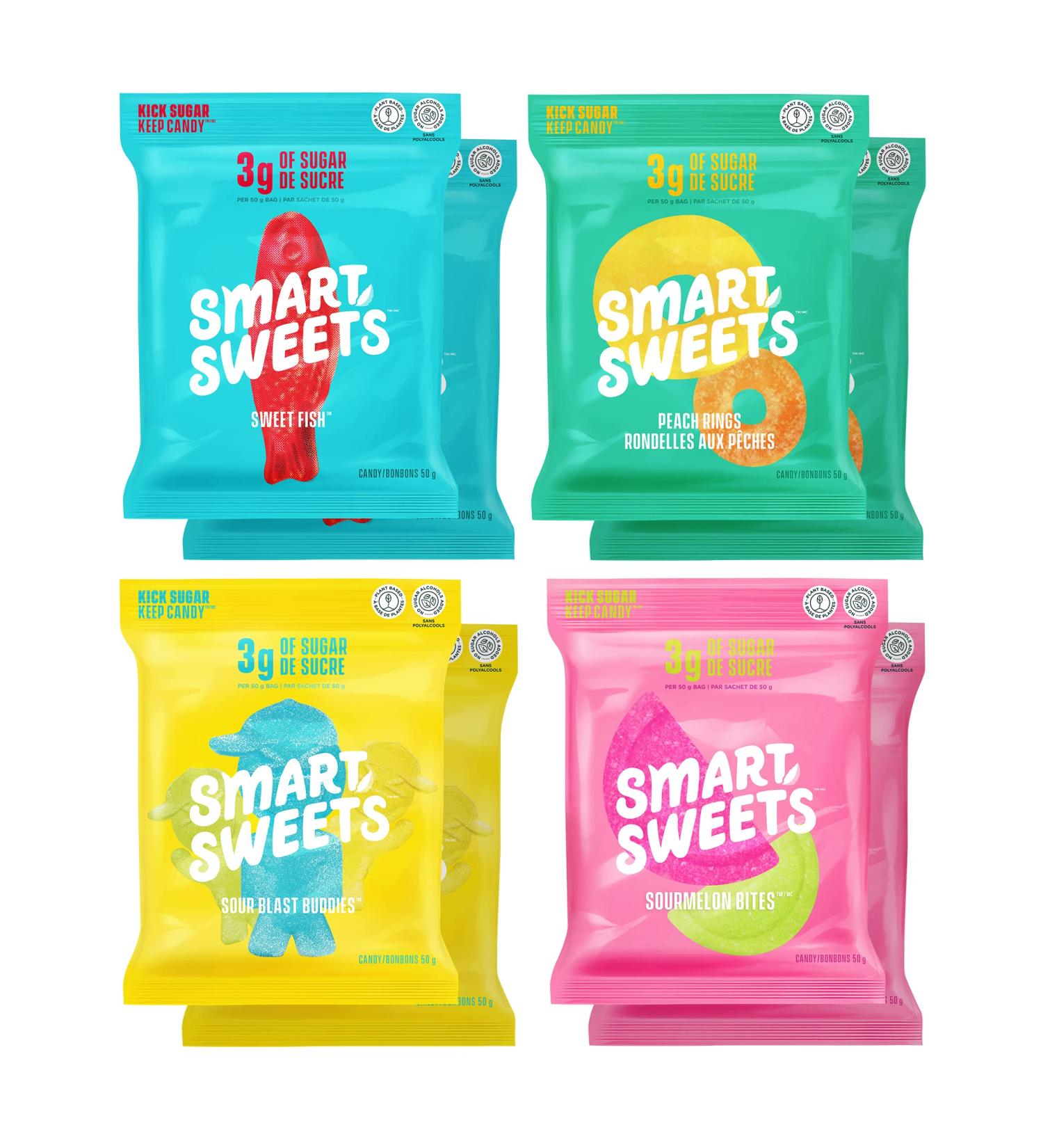 SmartSweets Variety Pack Low Sugar & Calorie Candy - Sweet Fish Sourmelon Bites Peach Rings Sour Blast Buddies 1.8oz (Pack of 8) - Buy Online on GoSupps.com