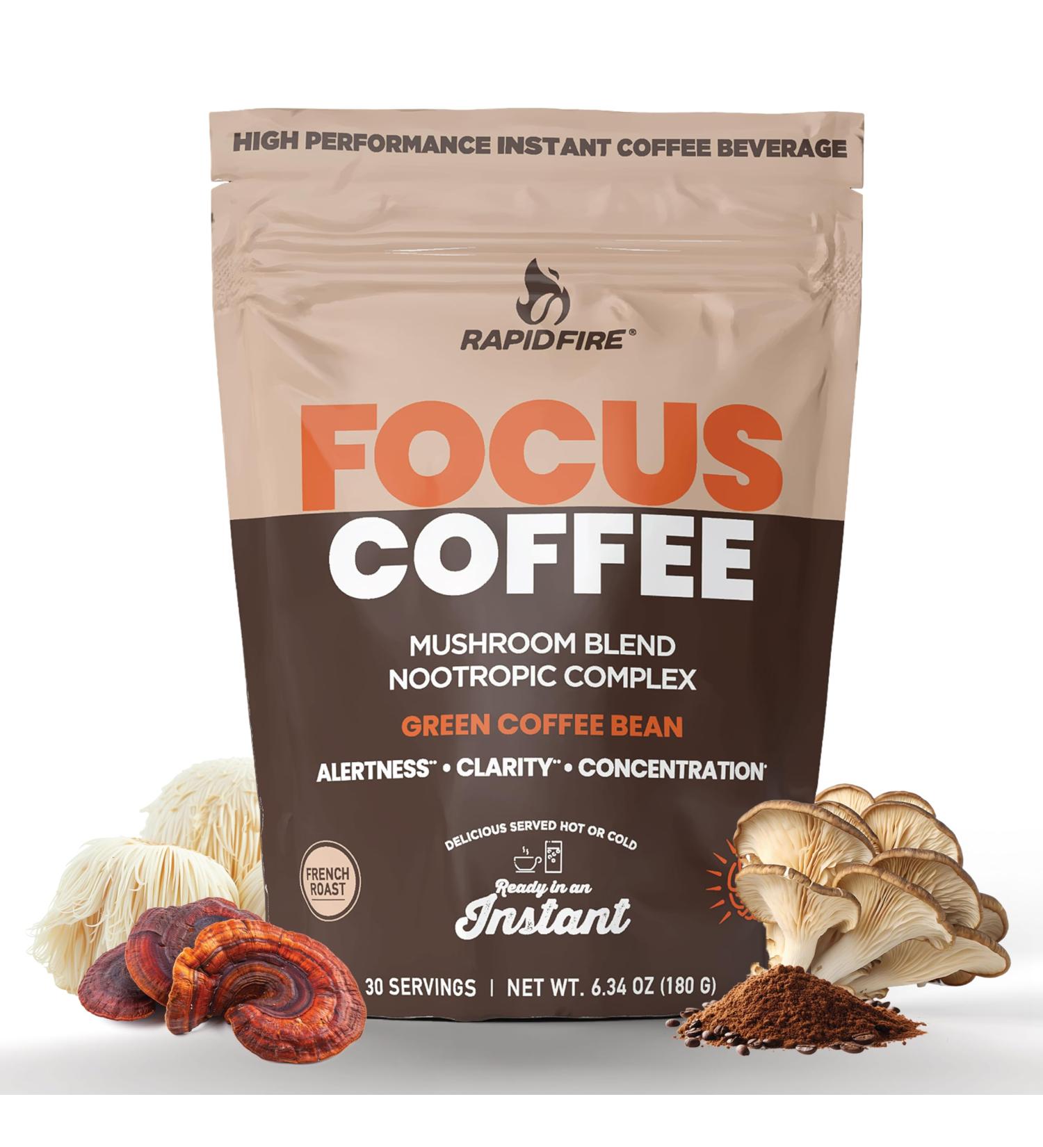 Focus Coffee Mushroom Blend Nootropic Complex Coffee Supports Alertness and Clarity (Lion s Mane Cordyceps Turkey Tail) Green Coffee Bean Instant Coffee for Focus & Gut Health 30 Servings - Buy Online on GoSupps.com