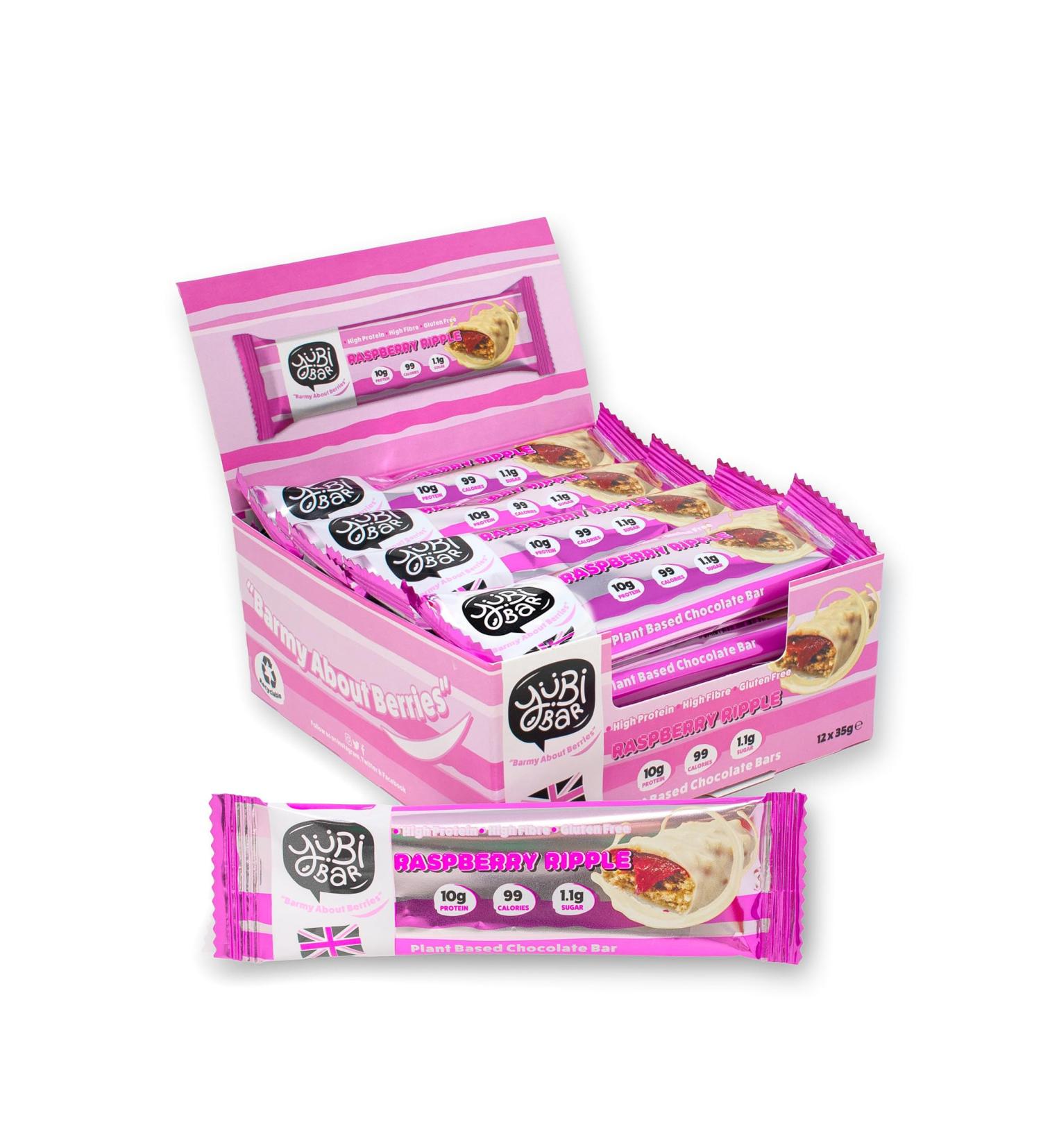 Yubi Raspberry Ripple 12 Pack - Protein Bars - 99 Calories High in Protein and Fibre Low in Sugar Gluten and Dairy Free - 420g - Buy Online on GoSupps.com