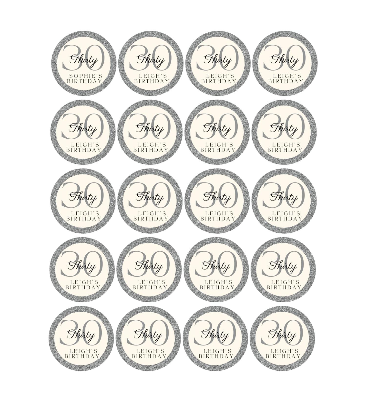 edible 20 x ANY AGE Birthday silver cupcake toppers PERSONALISED uncut - 16th/18th/21st/30th/40th/50th/60th 70th/80th (icing paper)