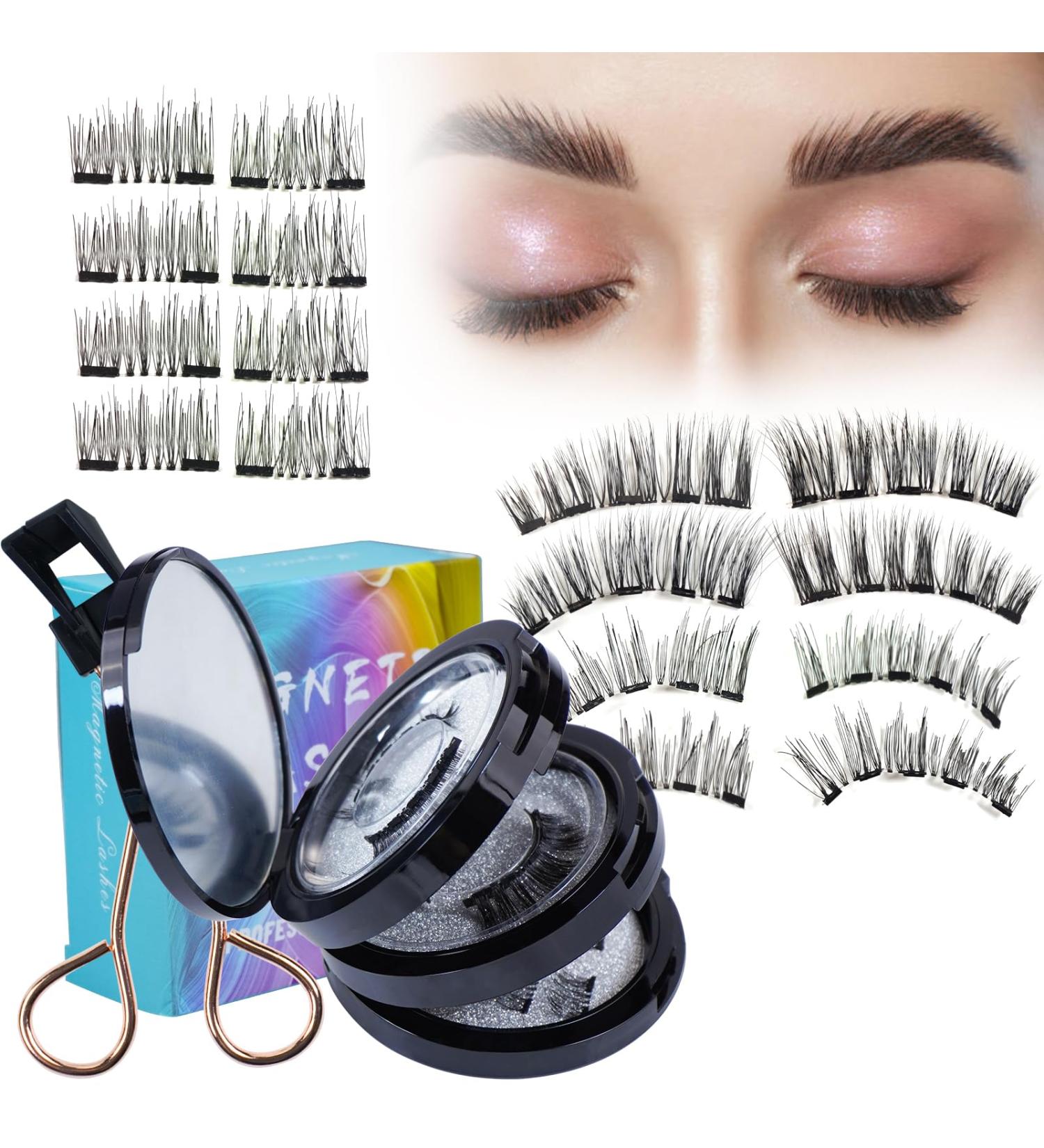 Magnetic Eyelashes Set - 4 Pairs Natural 3D Reusable False Eyelashes with Clips | No Glue Easy Wear DIY Kit Gift - Buy Online on GoSupps.com