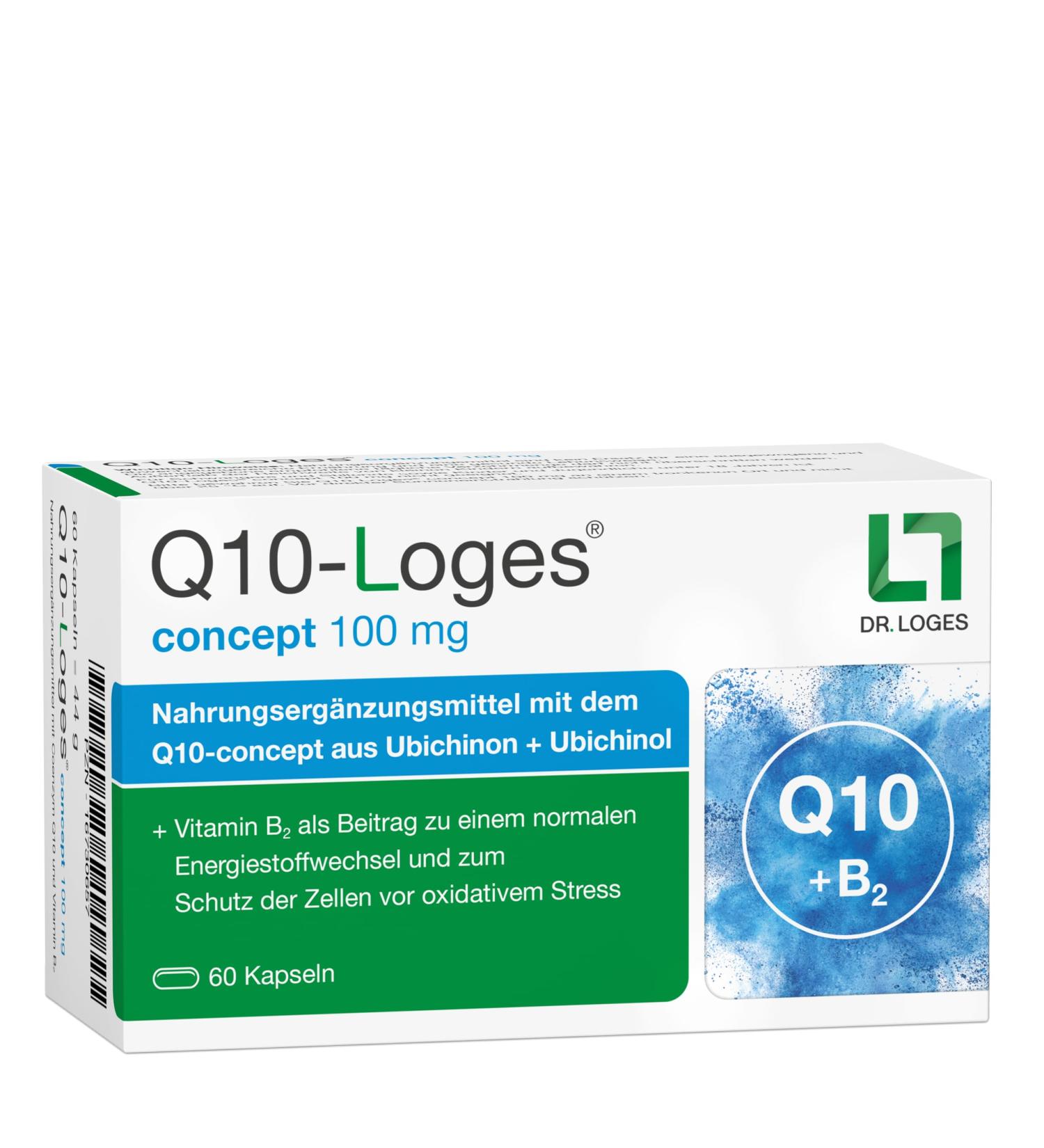 Q10-Loges 100 mg - 60 Capsules | Ubiquinone + Ubiquinol & Vitamin B2 Supplement - Best International Shipping - Buy Online on GoSupps.com