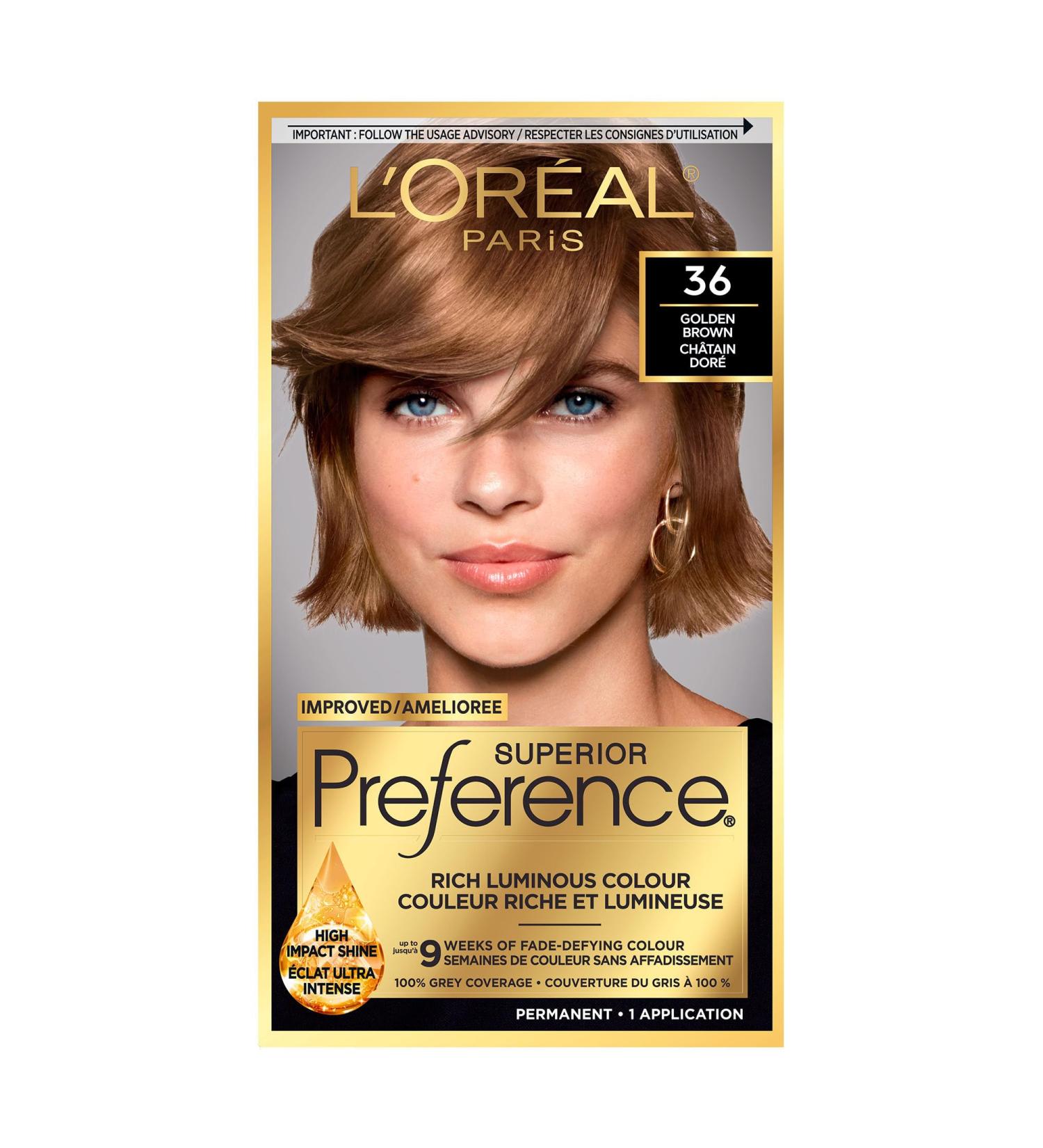 L Or al Paris Superior Preference 9 weeks of Luminous Fade-Defying Permanent Hair Dye 36 Golden Brown 100% Grey Coverage 1 Hair Dye Kit (Packaging May Vary) 1 Count ( Pack Of 1 ) Golden Brown - Buy Online on GoSupps.com